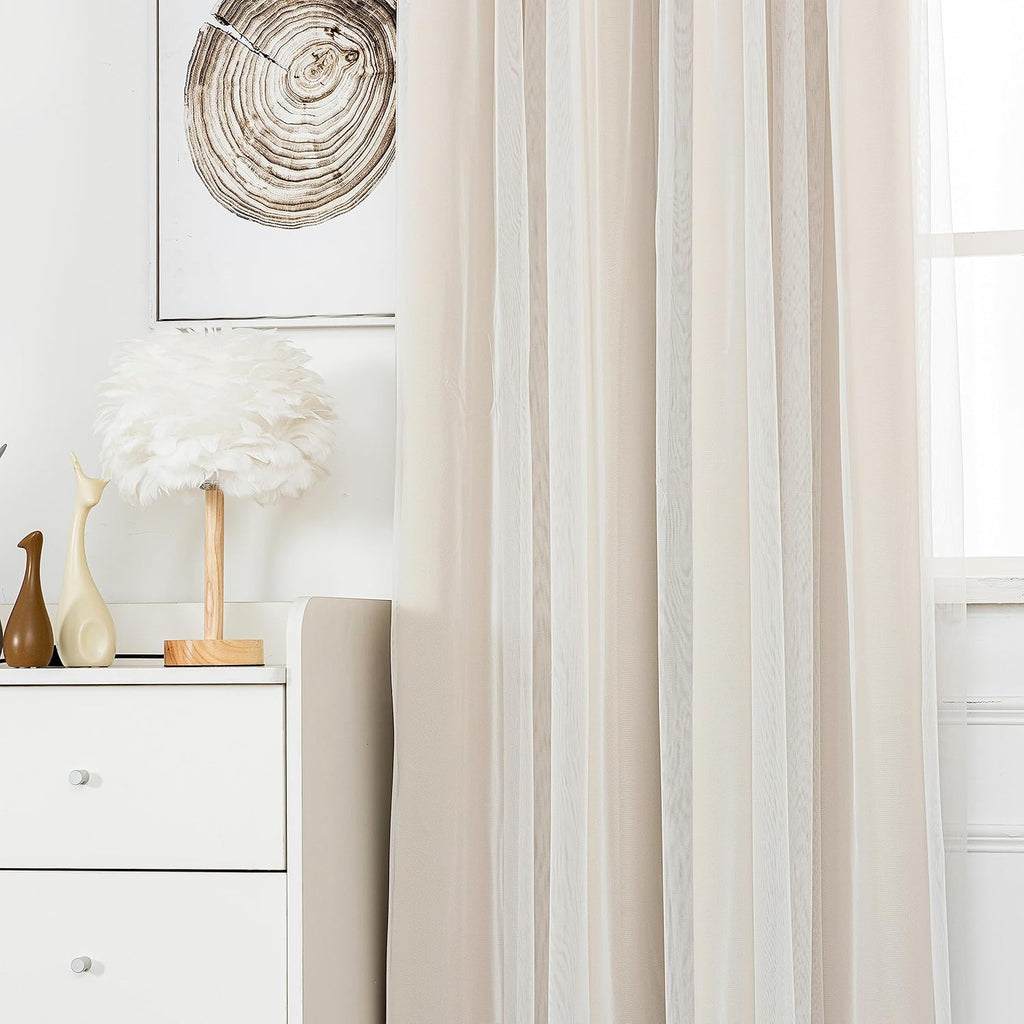 INLINAS Beige Blackout Curtains with Sheer Overlay - Grommet Top Thermal and Noise Reduction Panels for Bedroom and Living Room Light Blocking and Energy Saving, 52 x 84 Inches, Set of 2