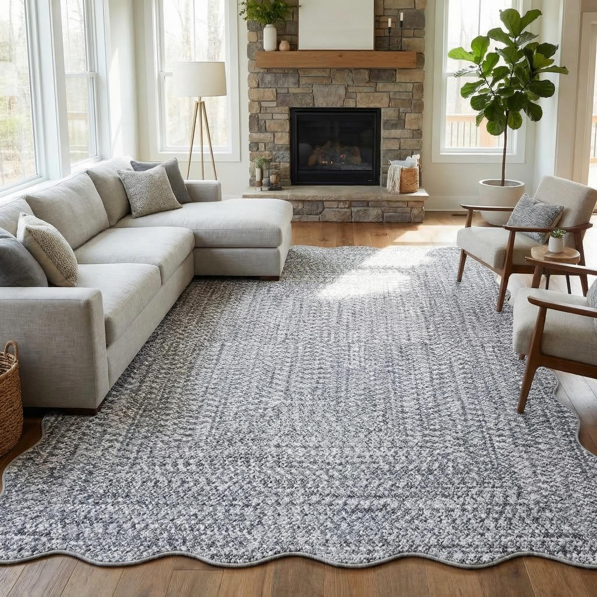 8x10 Natural Braided Washable Farmhouse Rug Non Slip Stain Resistant Low Pile Carpet