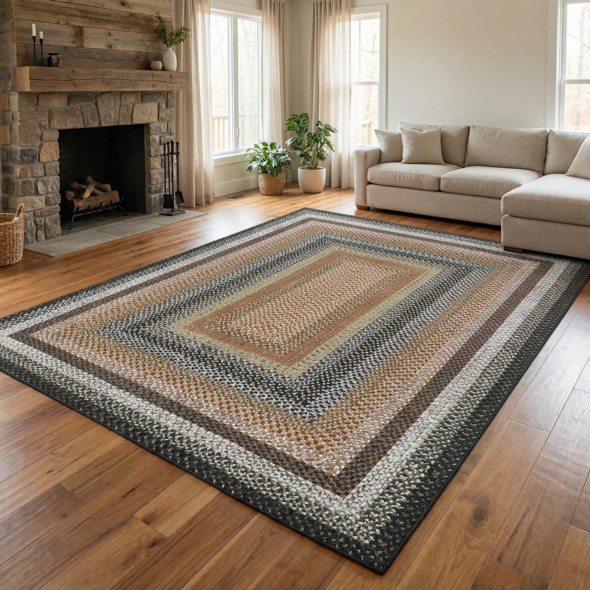 8x10 Natural Braided Washable Farmhouse Rug Non Slip Stain Resistant Low Pile Carpet