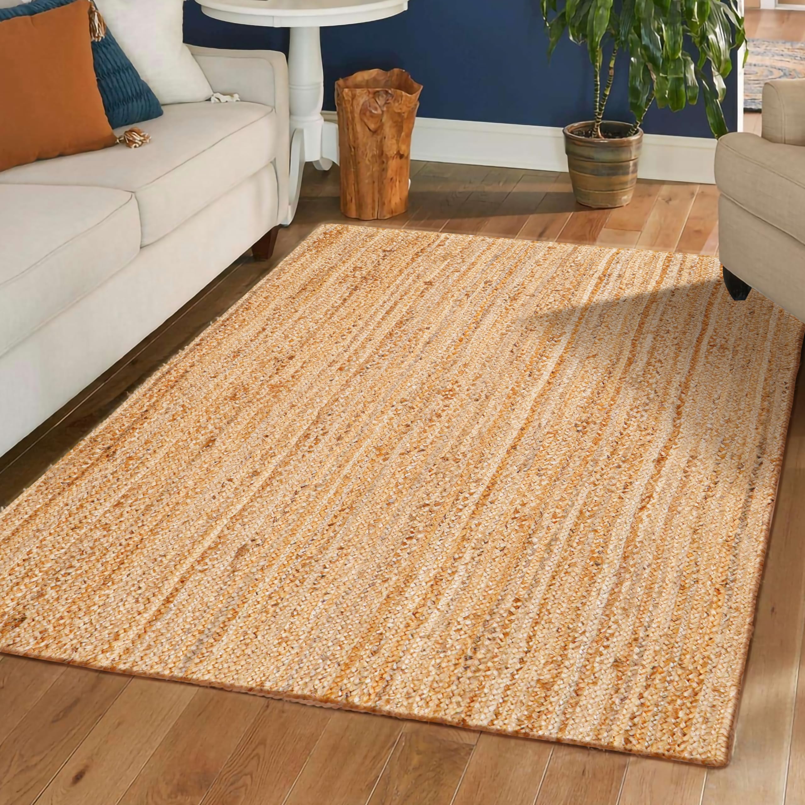 Hausattire Hand Woven Jute Braided Rug, 4’ Round – Natural, Reversible Boho Entry Area Rugs for Kitchen, Living Room I Farmhouse Decorative Floor Rug, 4 Feet Round