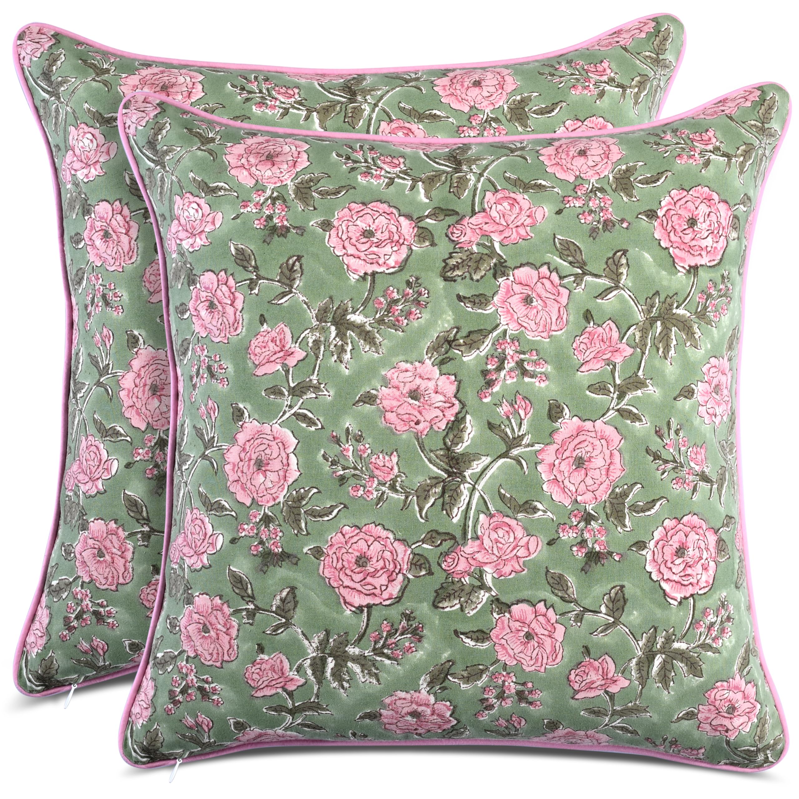 CPC 100% Cotton Throw Pillow Covers 24x24 Inch, Set of 2 Green Block Print Pattern Couch Pillow, Cute Boho Decorative Pillows for Living Room, Bedroom with Hidden Zipper- Emerald Green