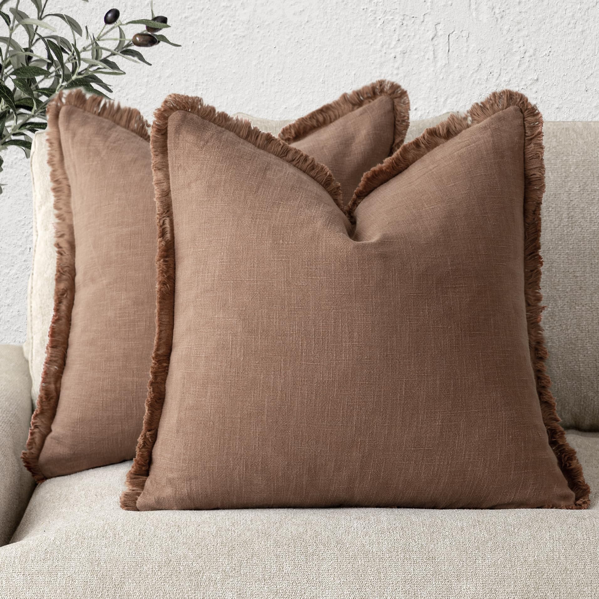 Foindtower Set of 2 Decorative Linen Fringe Throw Pillow Covers Boho Farmhouse Cushion Cover with Tassels Soft Accent Pillowcase for Couch Chair Sofa Bed Living Room Home Decor,20×20 Inch,Sky Blue