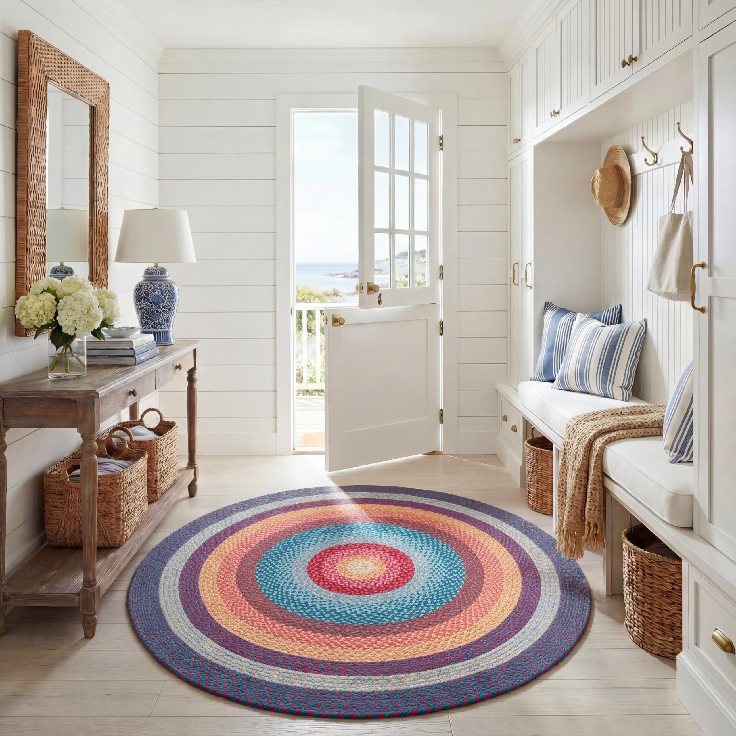 SAFAVIEH Washable Rug Outdoor Braided Collection - 5' x 8' Oval, Multi, Handmade & Reversible, Non-Shedding & Easy to Clean, Ideal for Patio, Backyard, Mudroom (BRD308A)