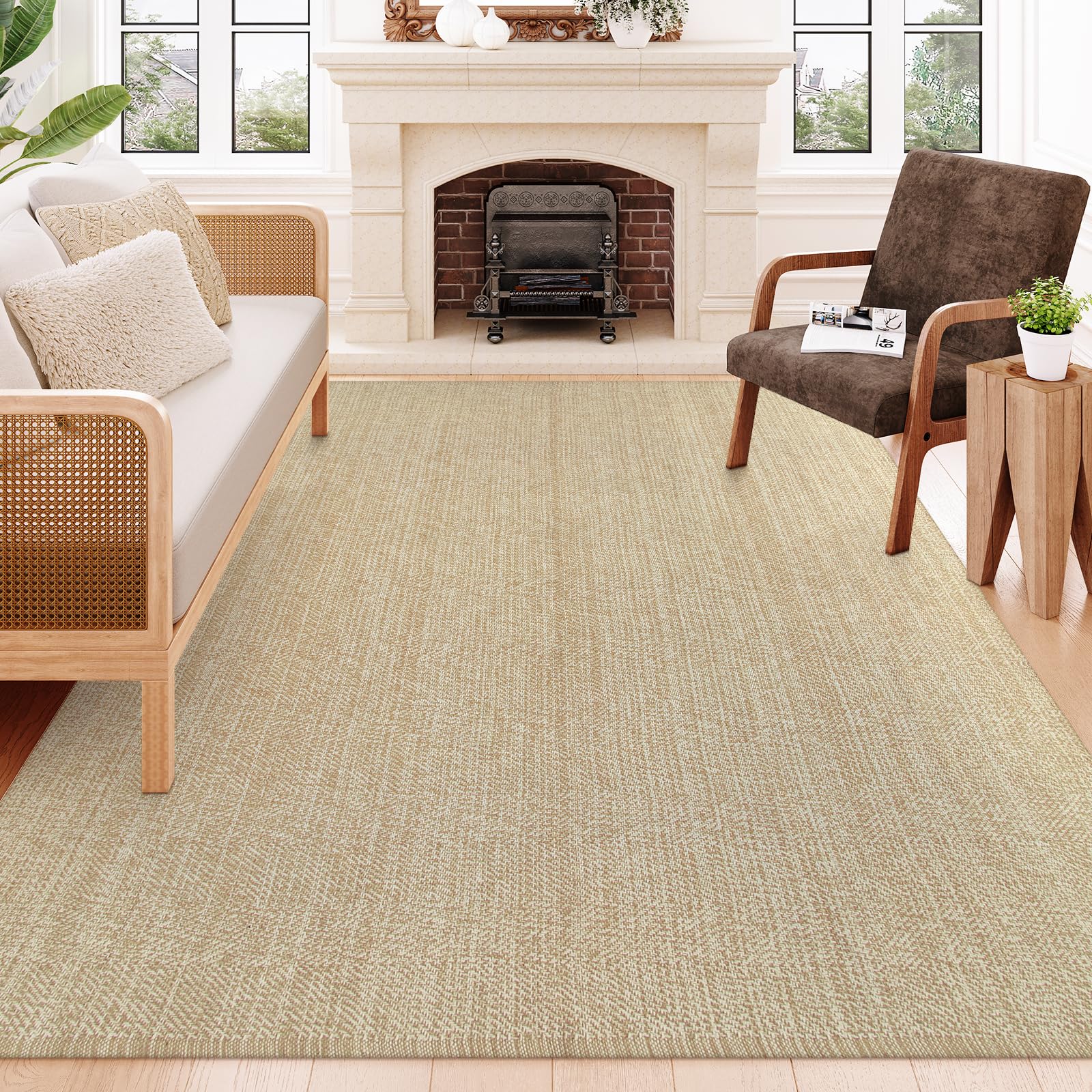 Collive Comfy Area Rug 4' x 6', Tan/Cream Woven Cotton Bedroom Rugs, Modern Indoor Accent Rug Floor Carpet with Tassel for Living Room, Nursery Room, Dining Room, Bedside, Office, Patio Decor