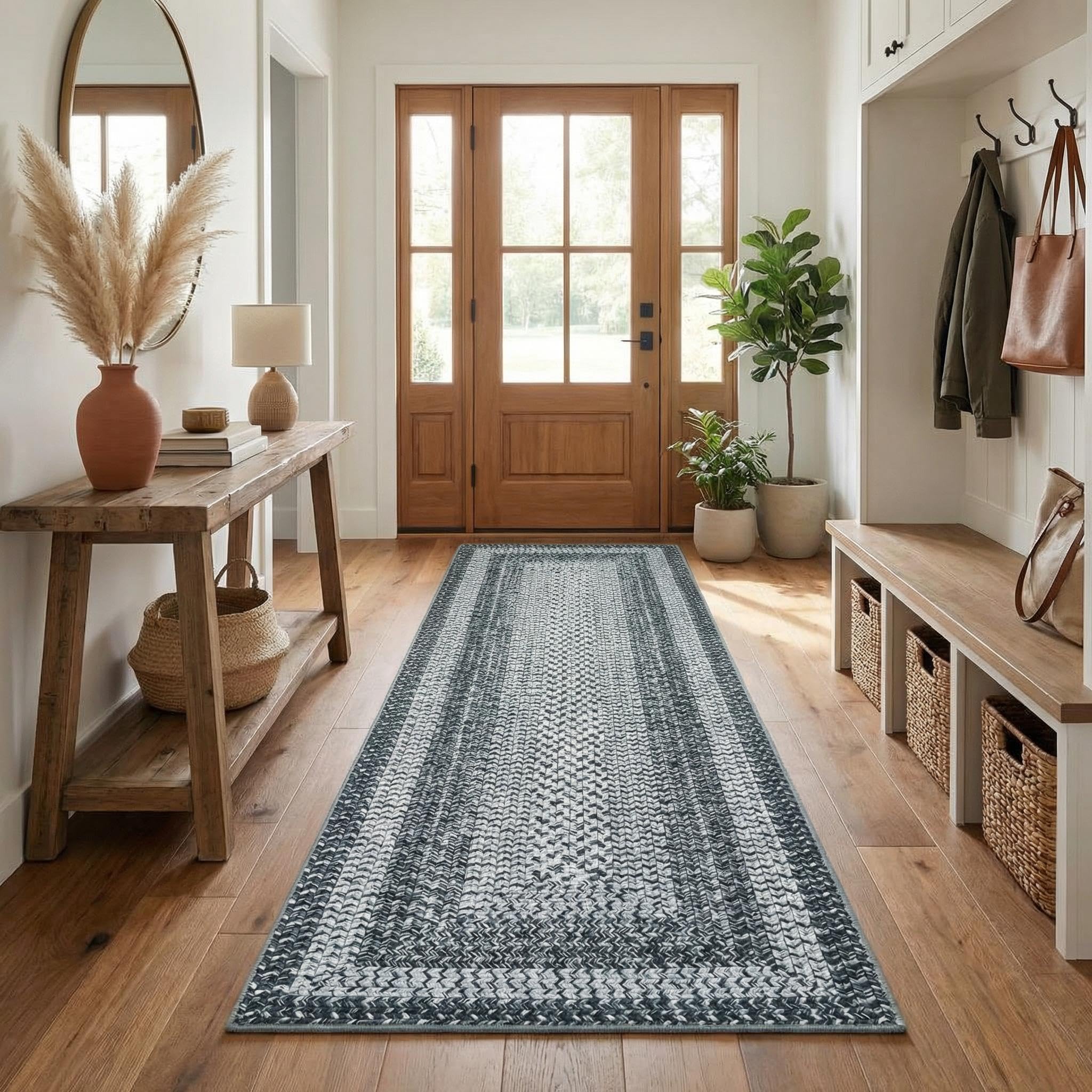 8x10 Natural Braided Washable Farmhouse Rug Non Slip Stain Resistant Low Pile Carpet
