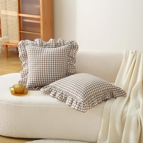 18x18 Taupe White Checkered Cotton Pillow Covers Ruffle Trim Zipper Decor Cushion Cases Set of 2