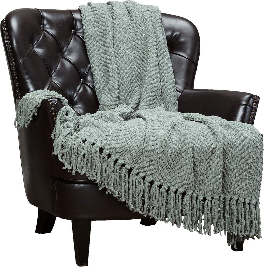Chanasya Premium Textured Knit Throw Blanket with Tassels - Soft, Cozy Blanket for Couch, Bed, Living Room - 50" x 65” - Tan Sage