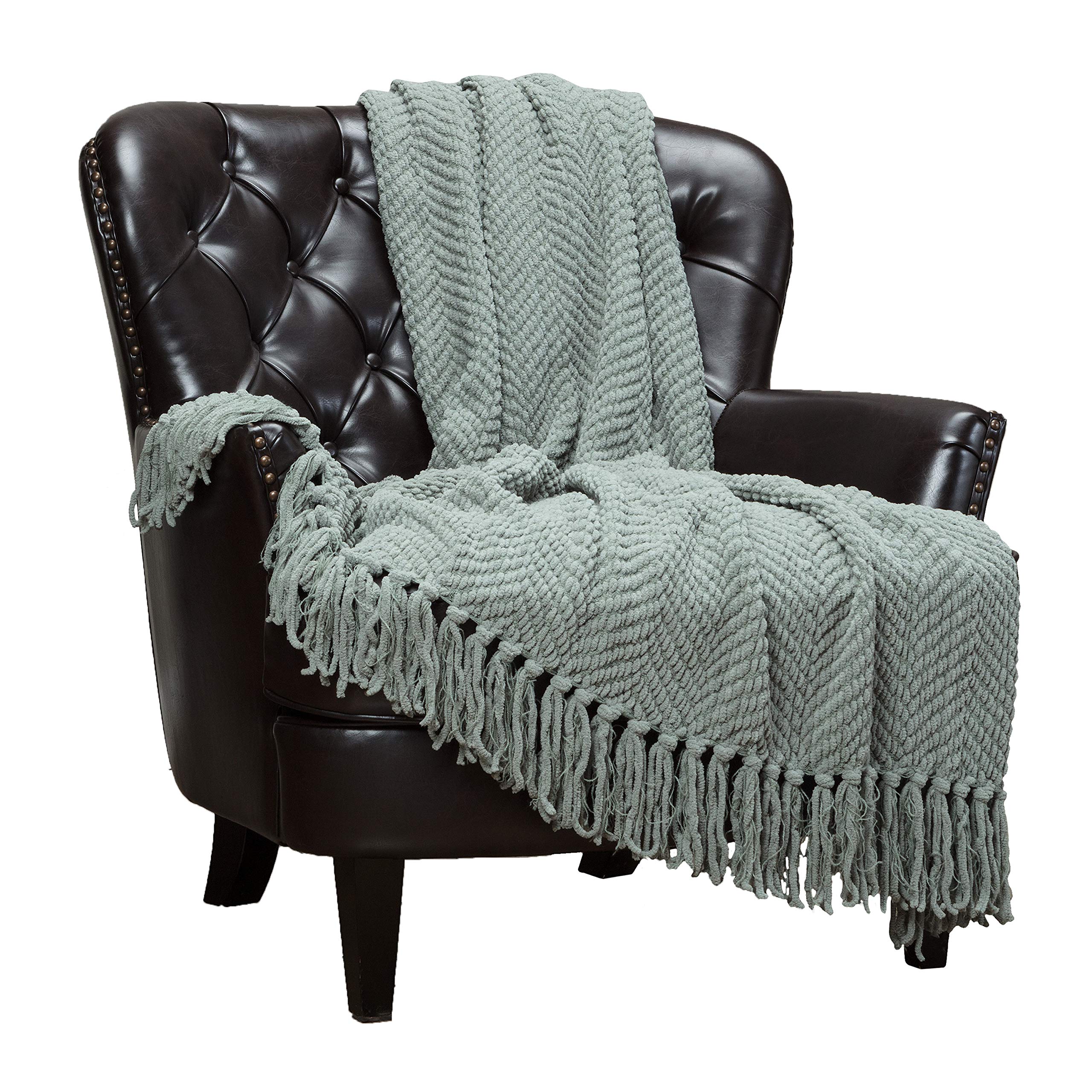 Chanasya Premium Textured Knit Throw Blanket with Tassels - Soft, Cozy Blanket for Couch, Bed, Living Room - 50" x 65” - Tan Sage