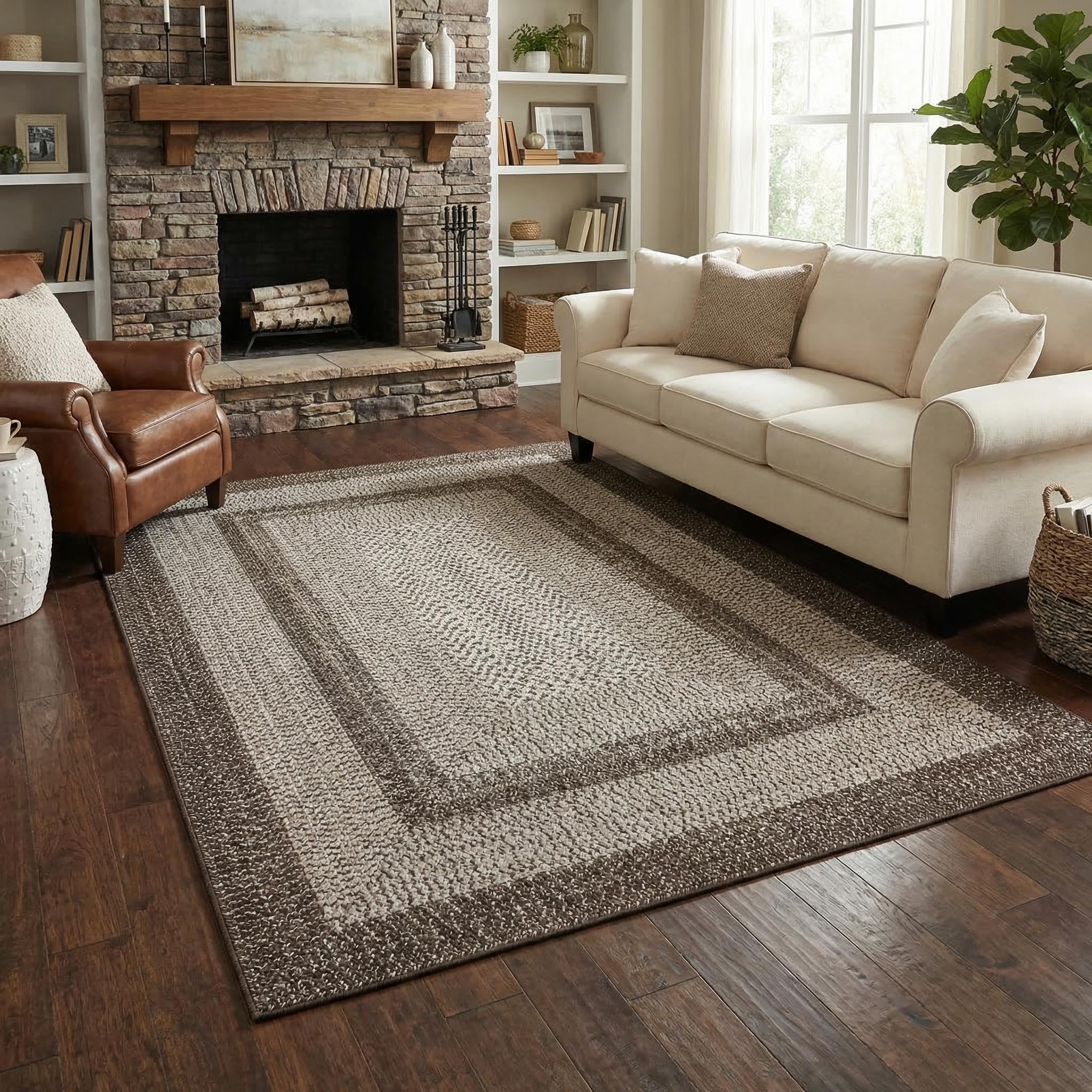 8x10 Natural Braided Washable Farmhouse Rug Non Slip Stain Resistant Low Pile Carpet