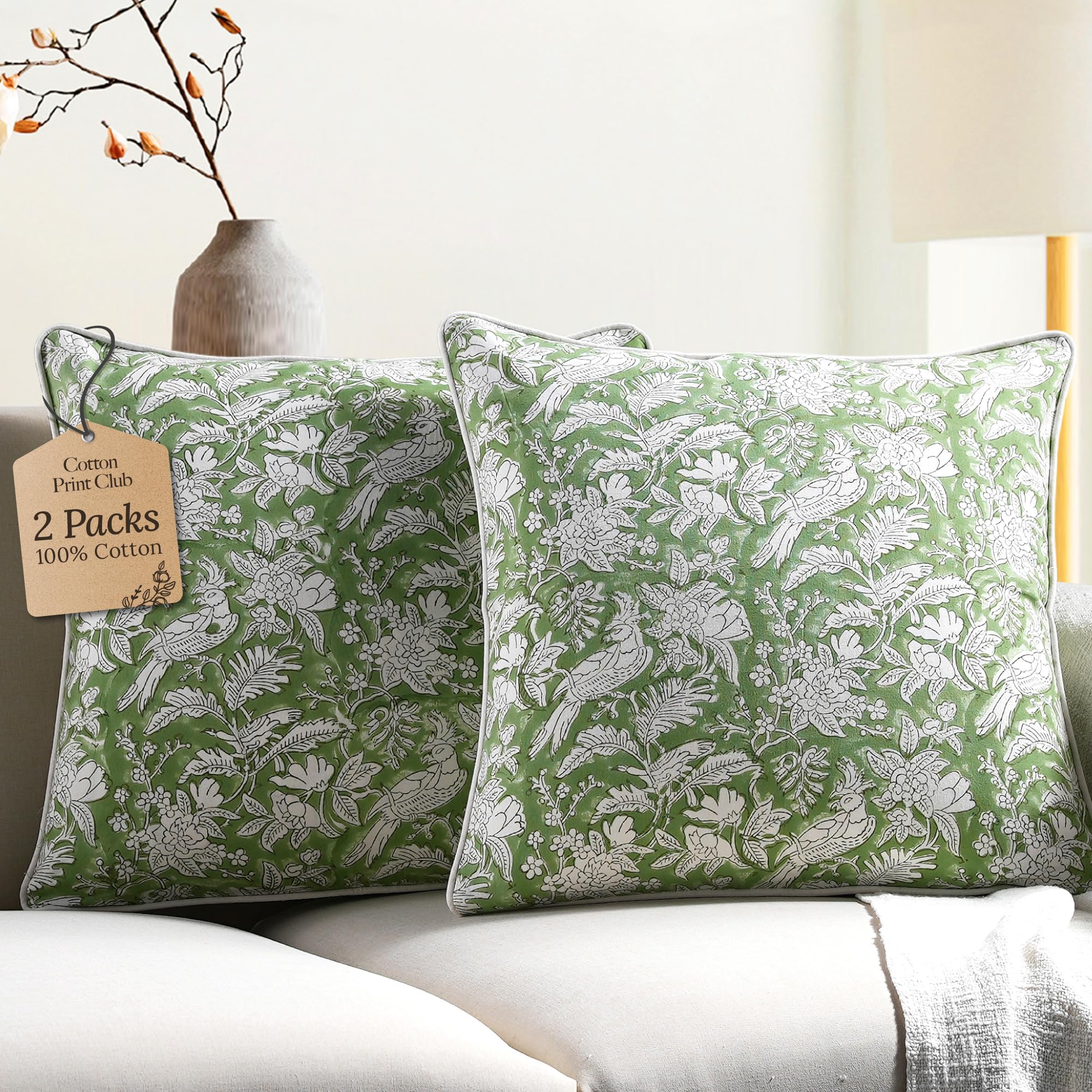 CPC 100% Cotton Throw Pillow Covers 24x24 Inch, Set of 2 Green Block Print Pattern Couch Pillow, Cute Boho Decorative Pillows for Living Room, Bedroom with Hidden Zipper- Emerald Green