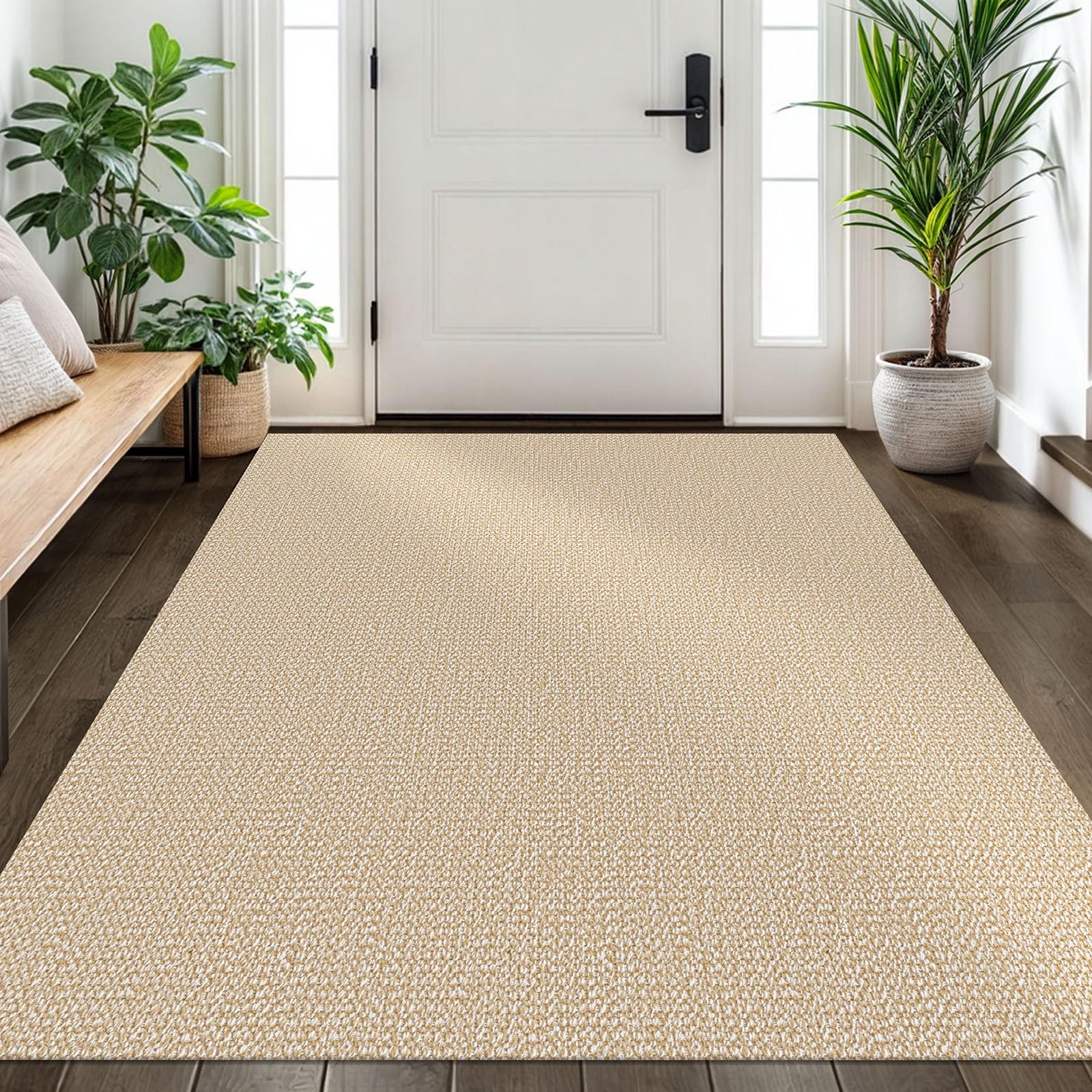 EARTHALL Washable Area Rug 4x6 Ft Non Slip Rugs for Entryway Braided Rubber Backed Bedroom Carpet Cotton Entry Rug Woven Floor Carpets for Bedroom Dining Room Living Room, Send/Beige