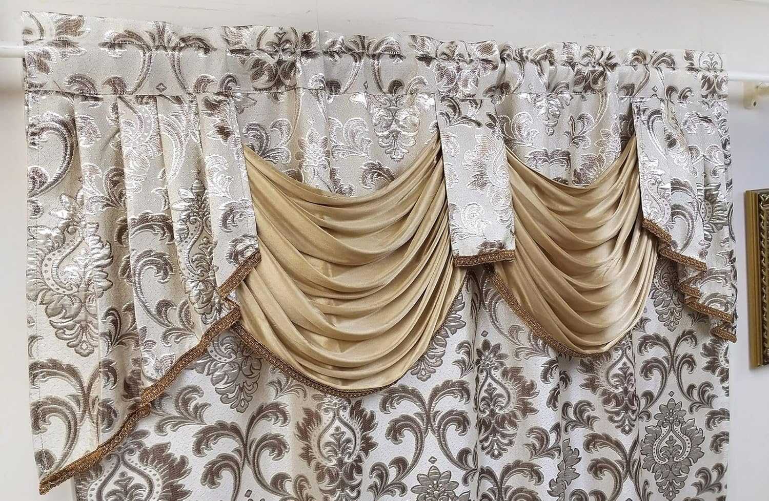 GOHD Samba Star. Jacquard Window Curtain Panel Drape with Attached Fancy Valance and Taffeta Backing. 2pcs Set. Each pc 54" Wide x 90" Drop with 18" Valance. (Sand)