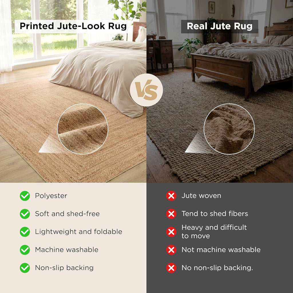 Bedsure 5x7 Printed Jute-Look Rug for Living Room, Machine Washable Rugs, Jute-Look Rug, Non-Slip Backing, Non-Shedding