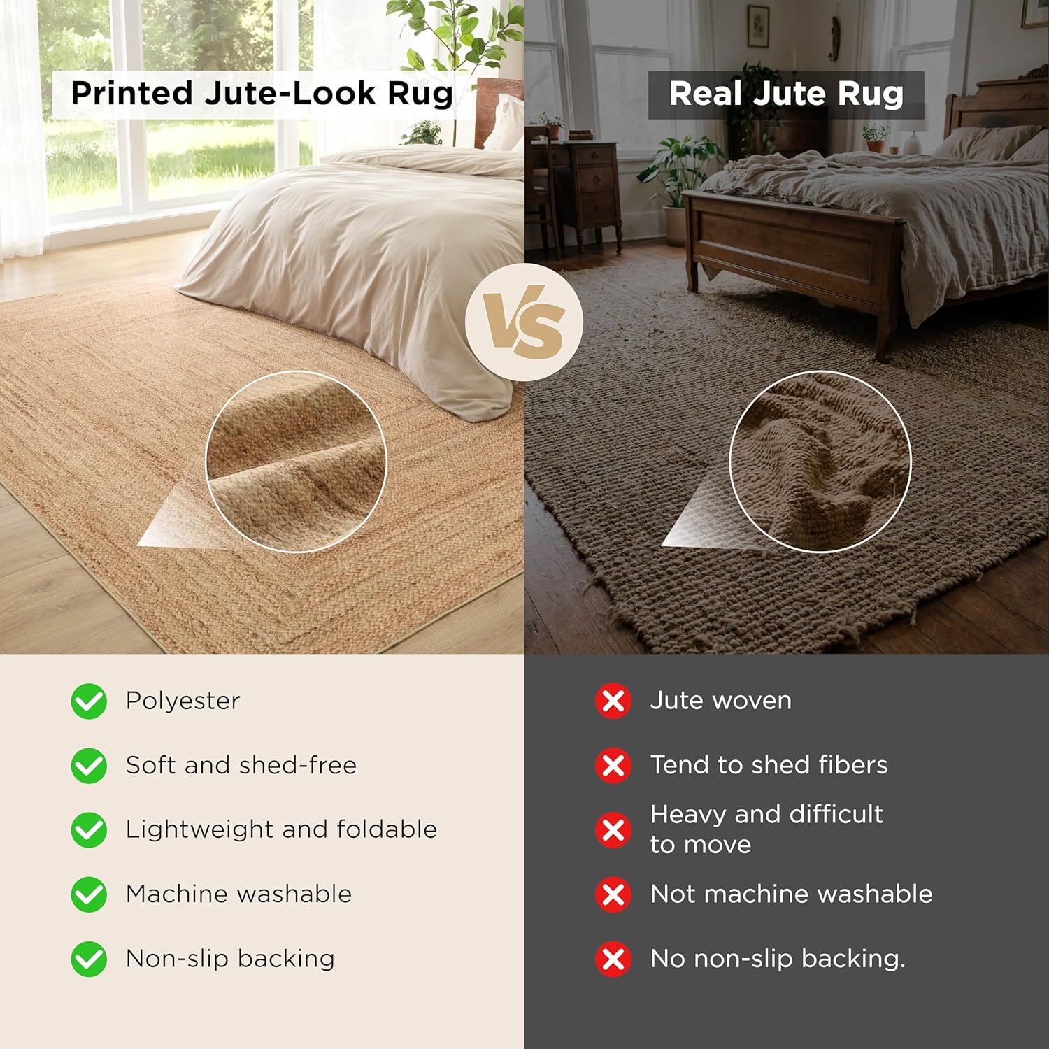 Bedsure 5x7 Printed Jute-Look Rug for Living Room, Machine Washable Rugs, Jute-Look Rug, Non-Slip Backing, Non-Shedding