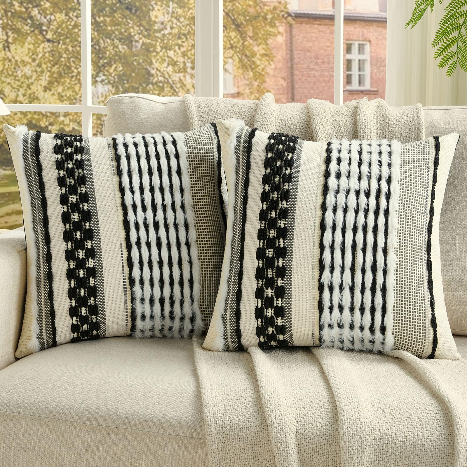 FUTEI Pack of 2 Boho Chenille Decorative Throw Pillow Covers 18x18 Inch Soft Plush Tufted Striped Textured Cushion Case,Farmhouse Accent for Couch Bed Living Room, Orange
