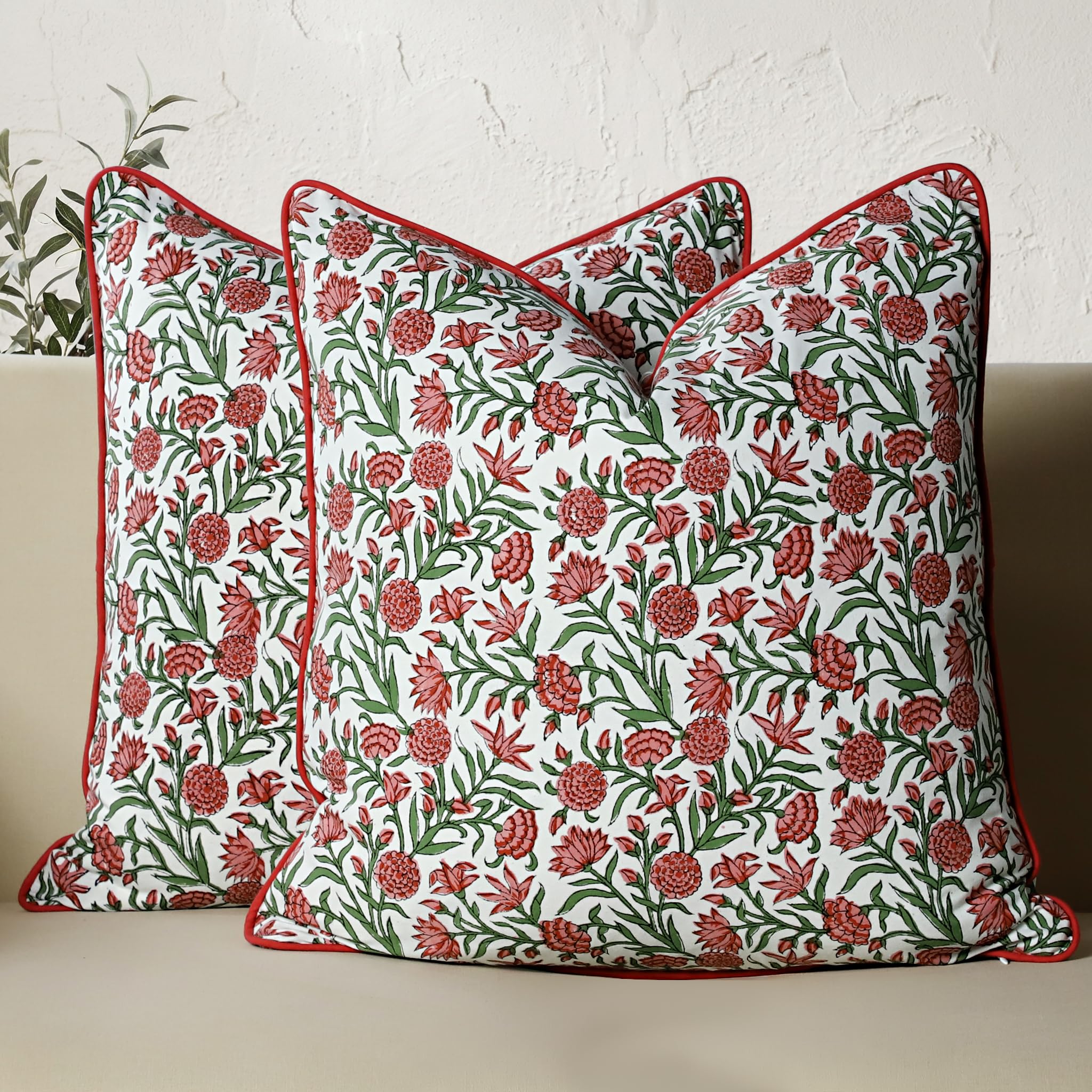 CPC 100% Cotton Throw Pillow Covers 24x24 Inch, Set of 2 Green Block Print Pattern Couch Pillow, Cute Boho Decorative Pillows for Living Room, Bedroom with Hidden Zipper- Emerald Green