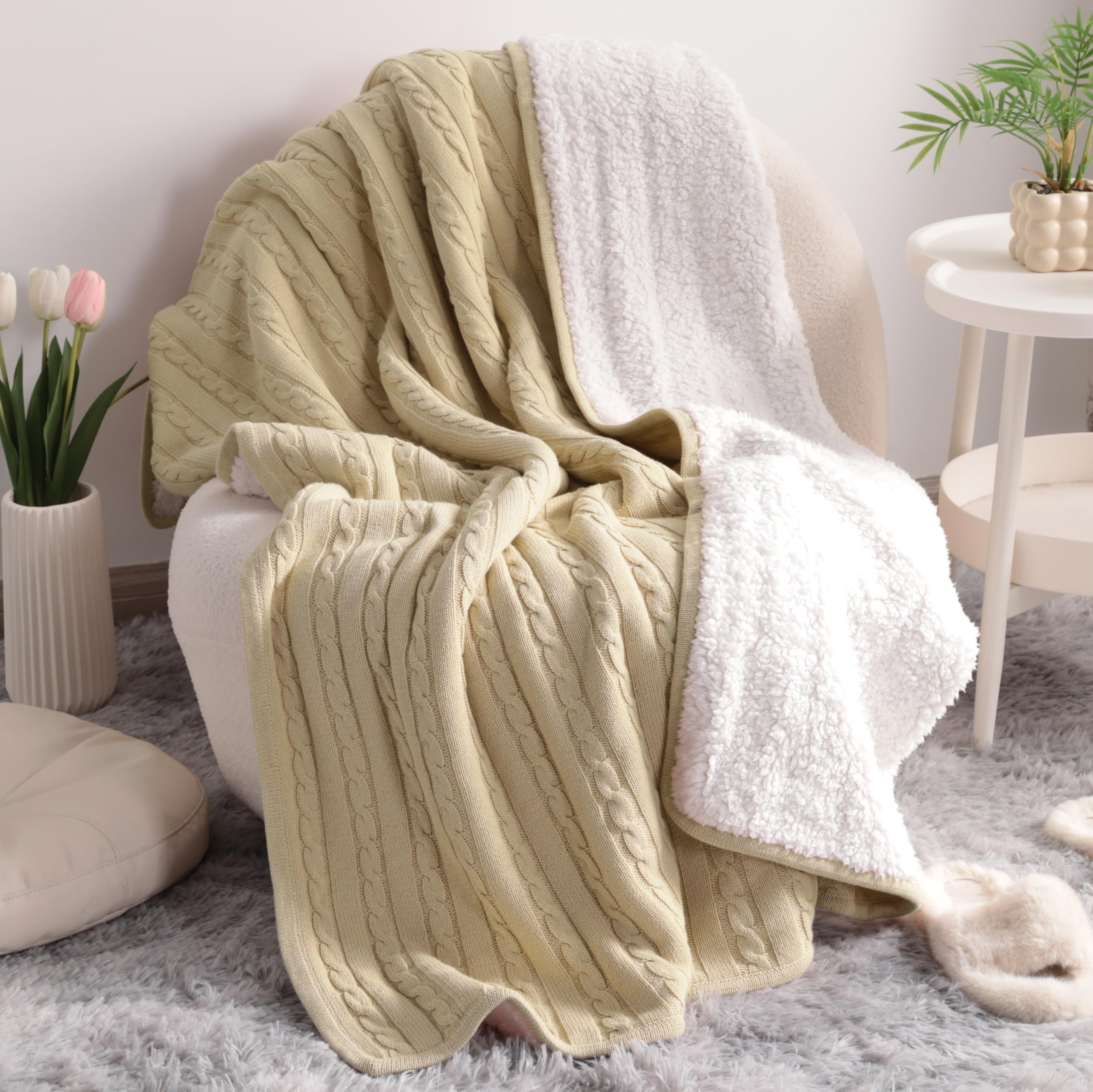 NTBAY Cotton Cable Knit Sherpa Throw Blanket for Couch (51"x67"), Soft Warm Fleece Knitted Throw for Bed, Sofa, Chair - Extra Cozy, Machine Washable, Comfortable Home Decor, Khaki
