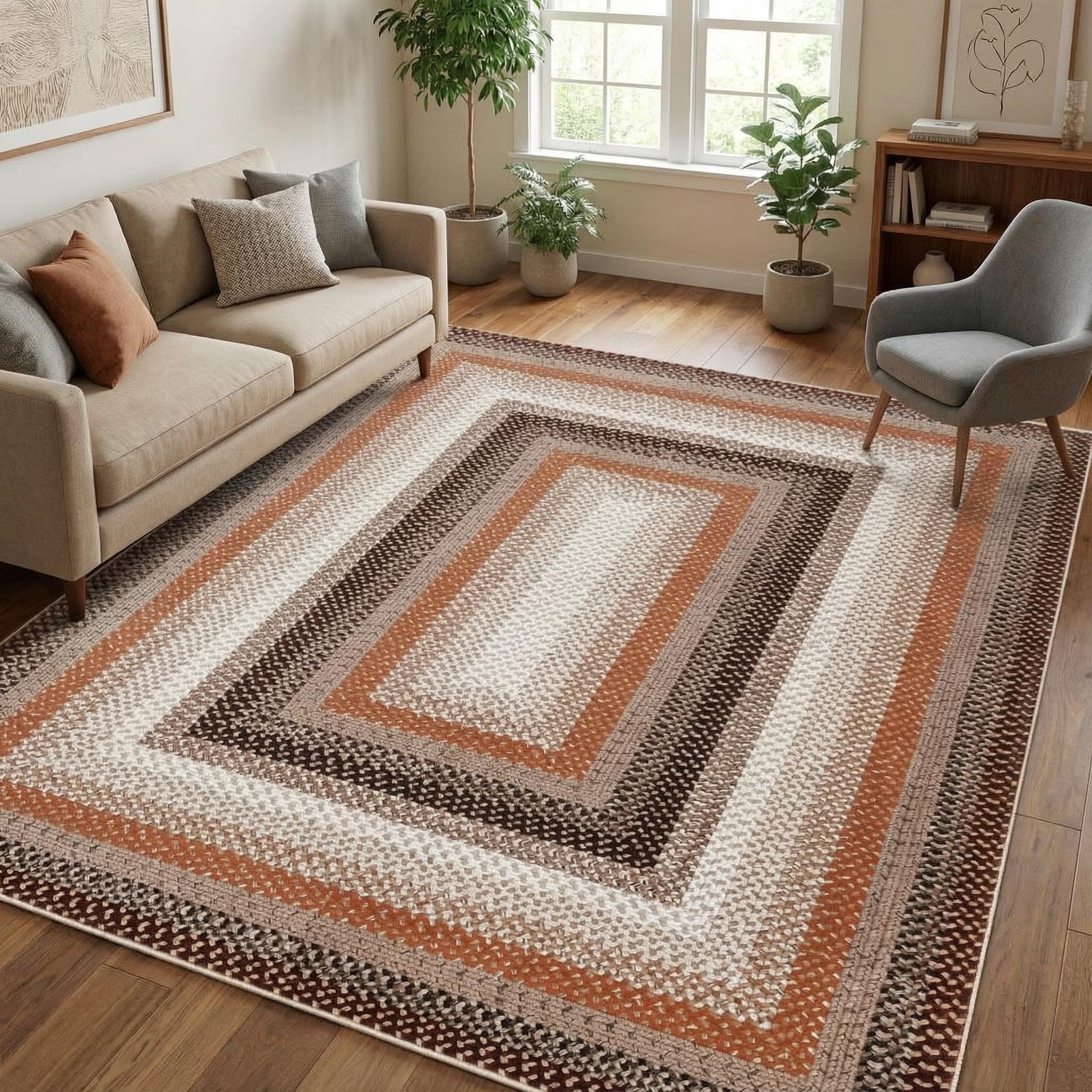 8x10 Natural Braided Washable Farmhouse Rug Non Slip Stain Resistant Low Pile Carpet