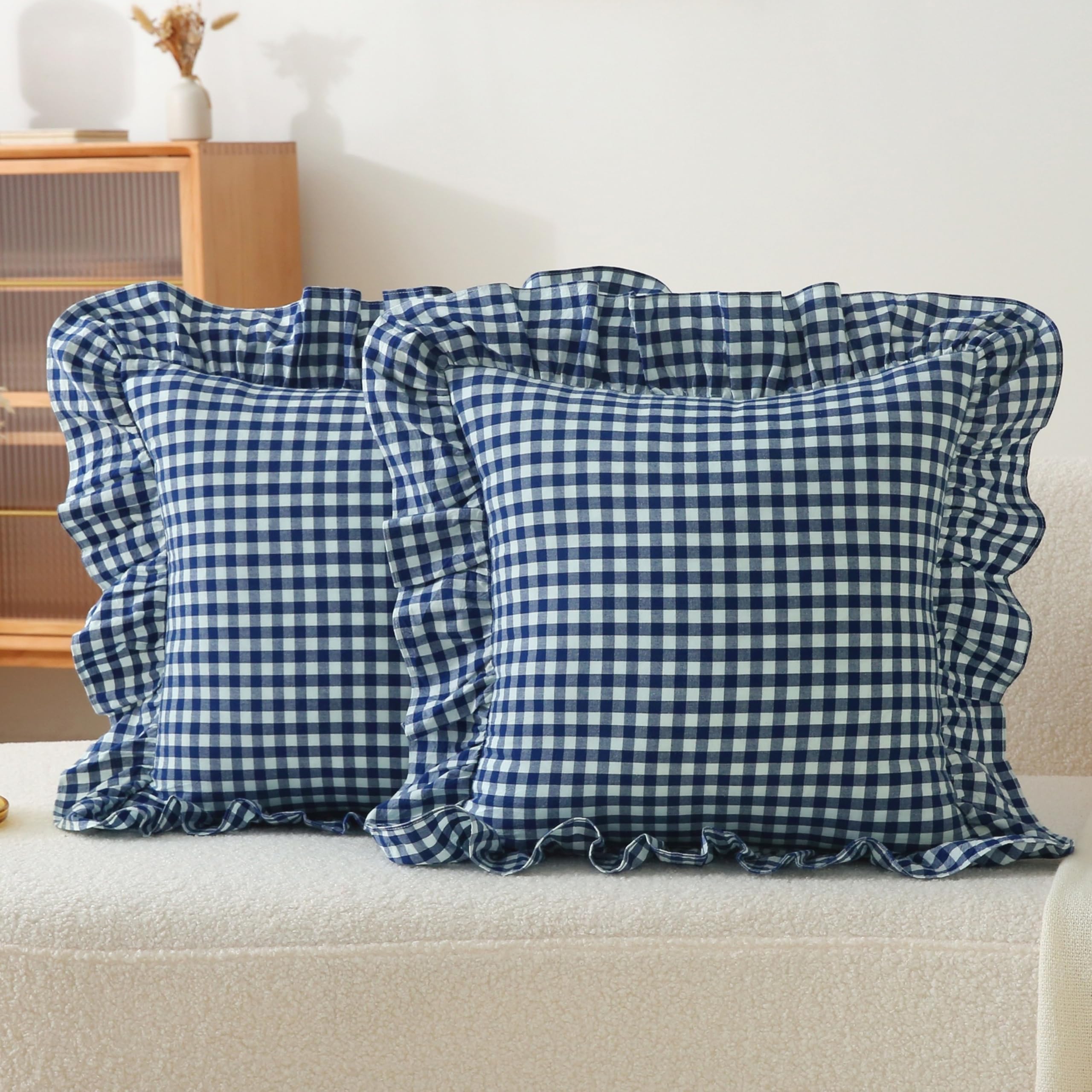 18x18 Taupe White Checkered Cotton Pillow Covers Ruffle Trim Zipper Decor Cushion Cases Set of 2