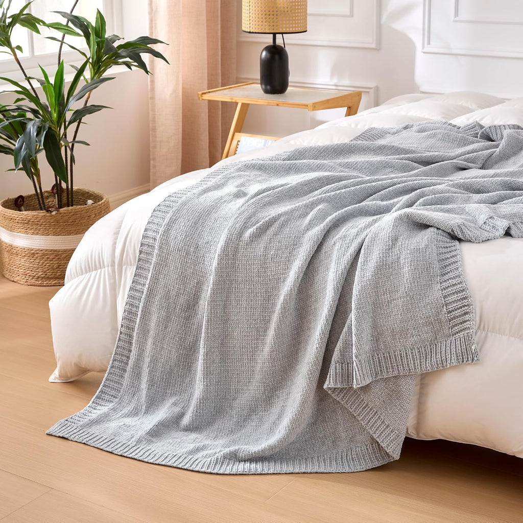 Grey Chunky Chenille Knit Throw Blanket 60x80 Inch Soft Cozy Sofa Bed Cover