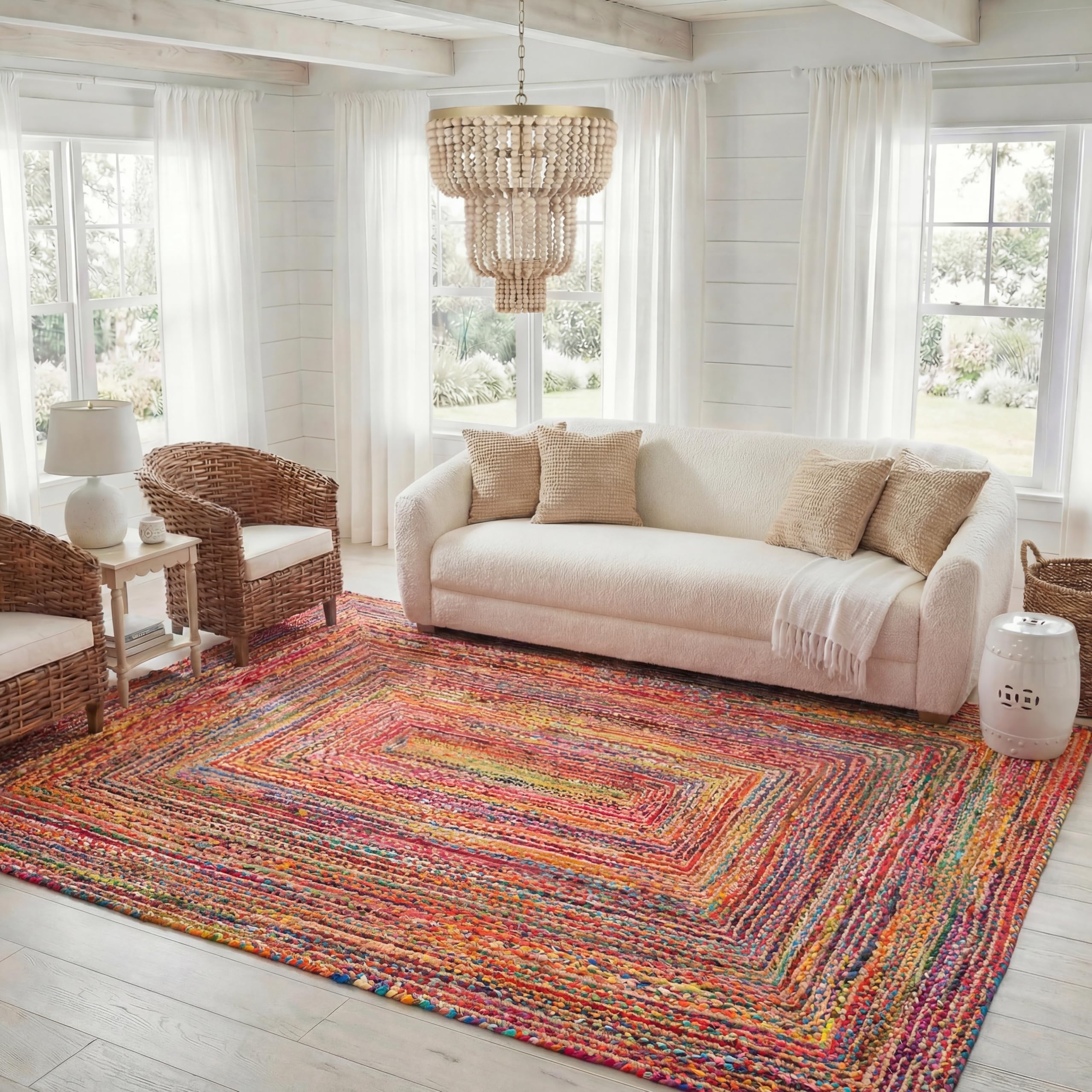 SAFAVIEH Area Rug 8x10 - Cape Cod Collection - Large - Beige & Multi, Handmade Jute & Cotton, Woven Braided Design (CAP202B)
