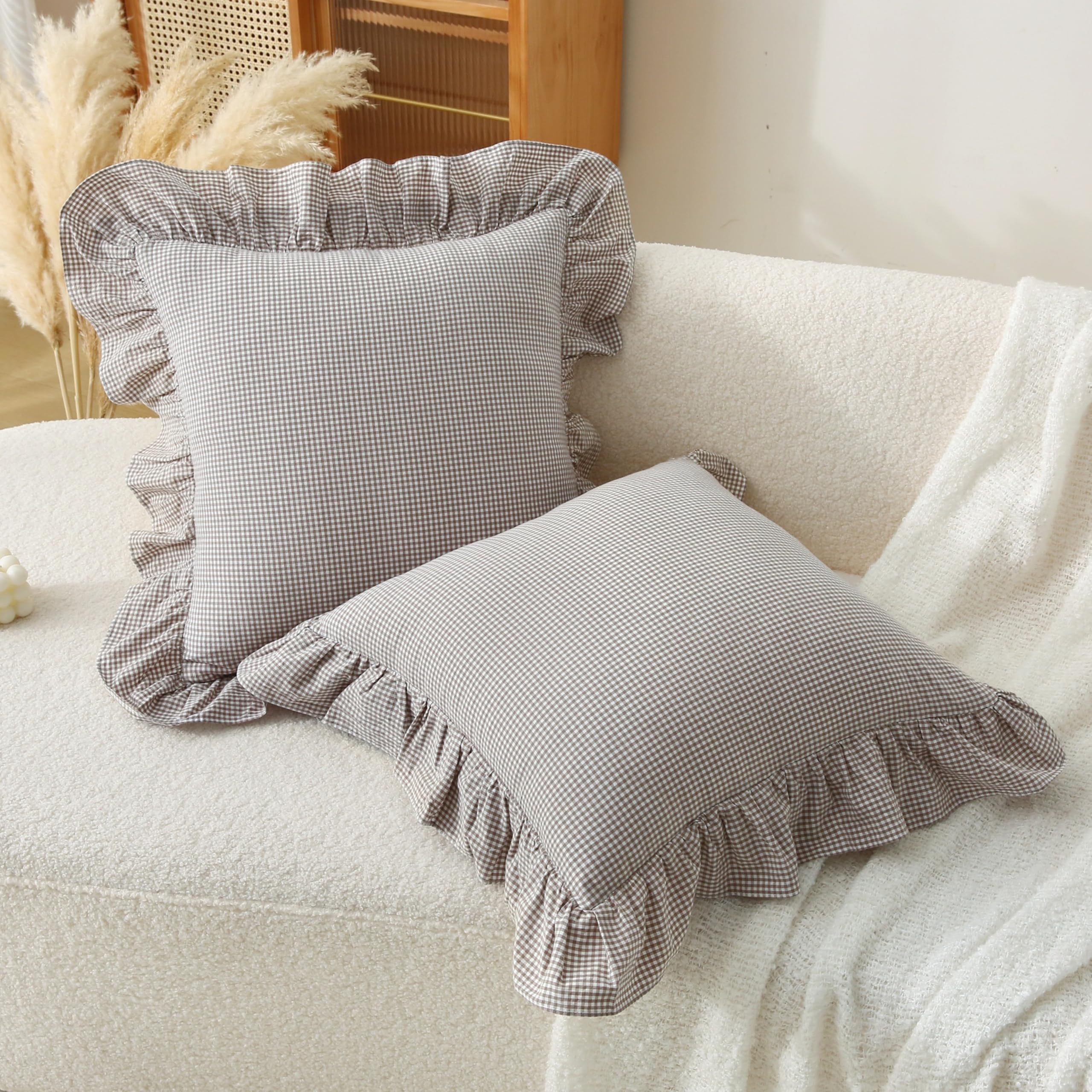 18x18 Taupe White Checkered Cotton Pillow Covers Ruffle Trim Zipper Decor Cushion Cases Set of 2