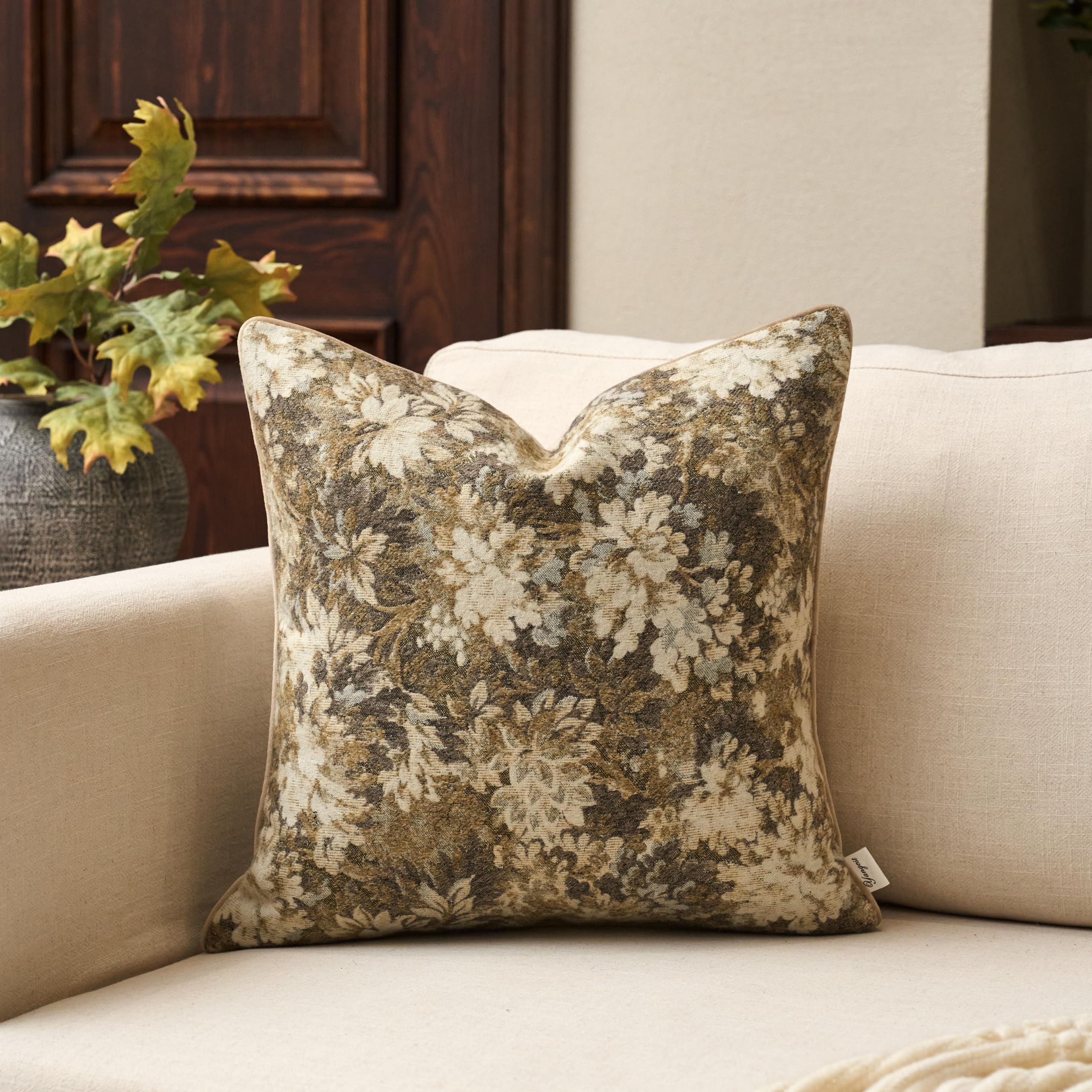 Yangest Neutral Floral Pillow Cover 24 x 24 Inches, Vintage Chenille Square Throw Pillow Cover Soft Decorative Farmhouse Accent Couch Pillow Cover for Living Room Bedroom, Coffee Brown