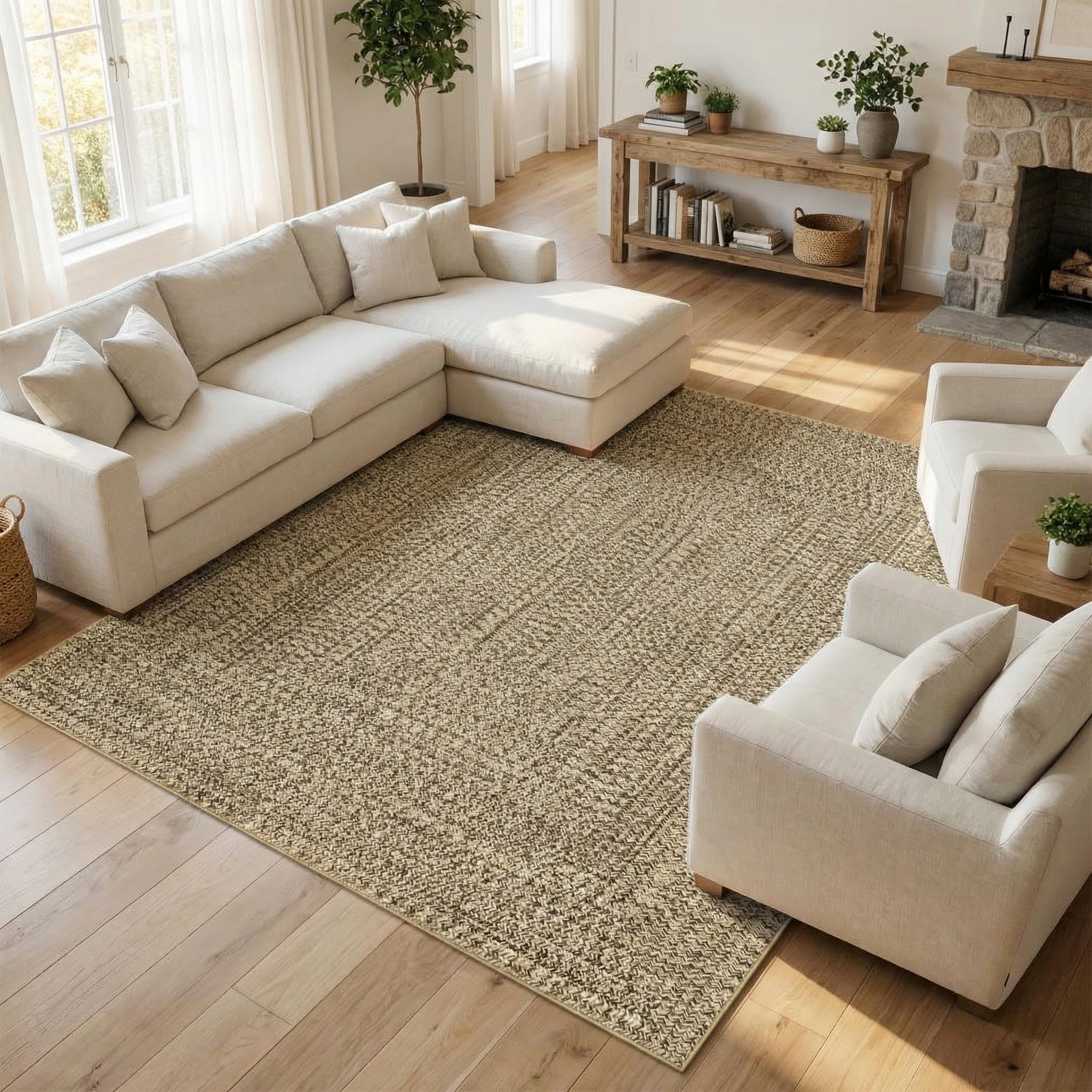 8x10 Natural Braided Washable Farmhouse Rug Non Slip Stain Resistant Low Pile Carpet