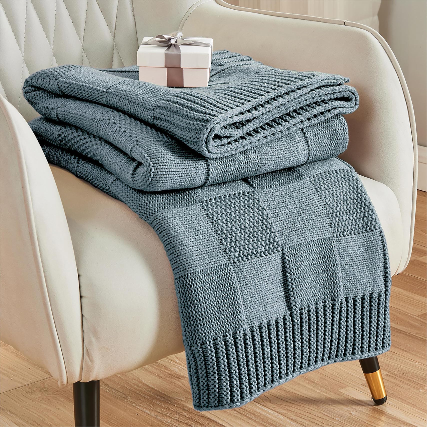 CozeCube Check Knit Throw Blanket, Olive Green Checkered Throw for Couch, Decorative Christmas Soft Cozy Warm Knitted Blanket for Bed Sofa Living Room, 50"X60"