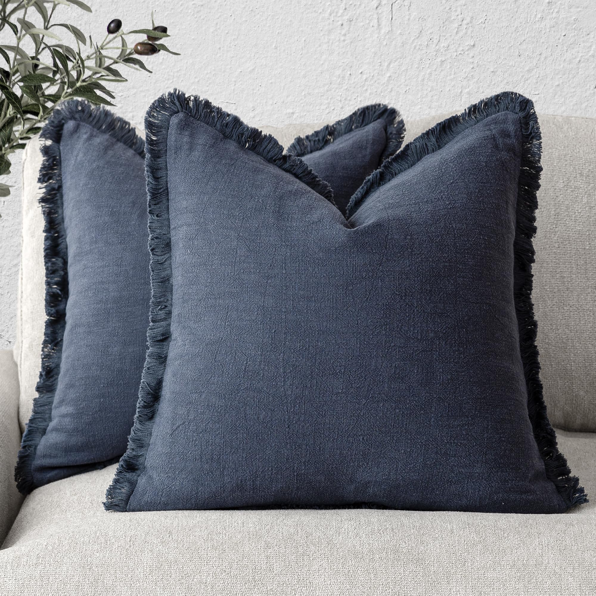 Foindtower Set of 2 Decorative Linen Fringe Throw Pillow Covers Boho Farmhouse Cushion Cover with Tassels Soft Accent Pillowcase for Couch Chair Sofa Bed Living Room Home Decor,20×20 Inch,Sky Blue