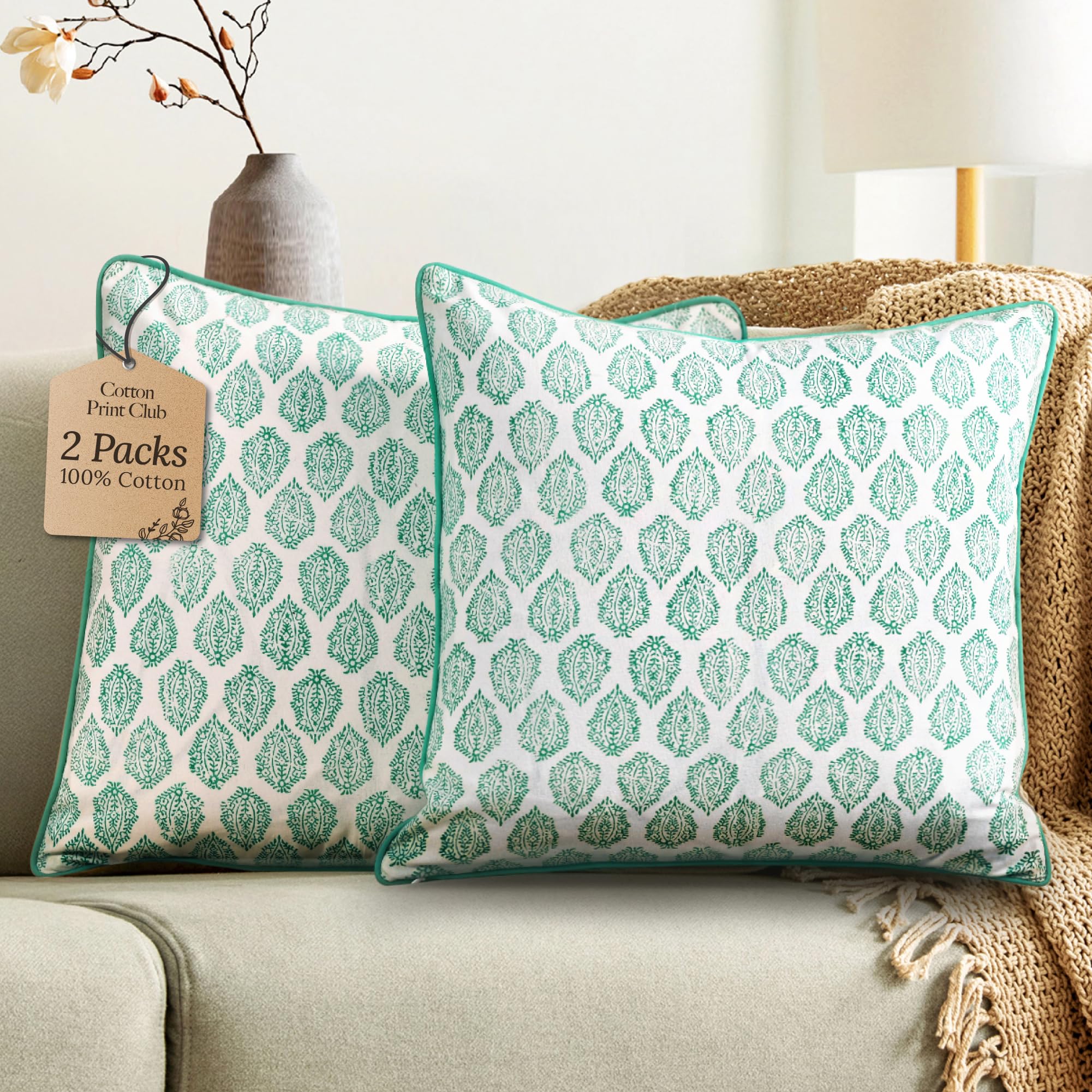 CPC 100% Cotton Throw Pillow Covers 24x24 Inch, Set of 2 Green Block Print Pattern Couch Pillow, Cute Boho Decorative Pillows for Living Room, Bedroom with Hidden Zipper- Emerald Green