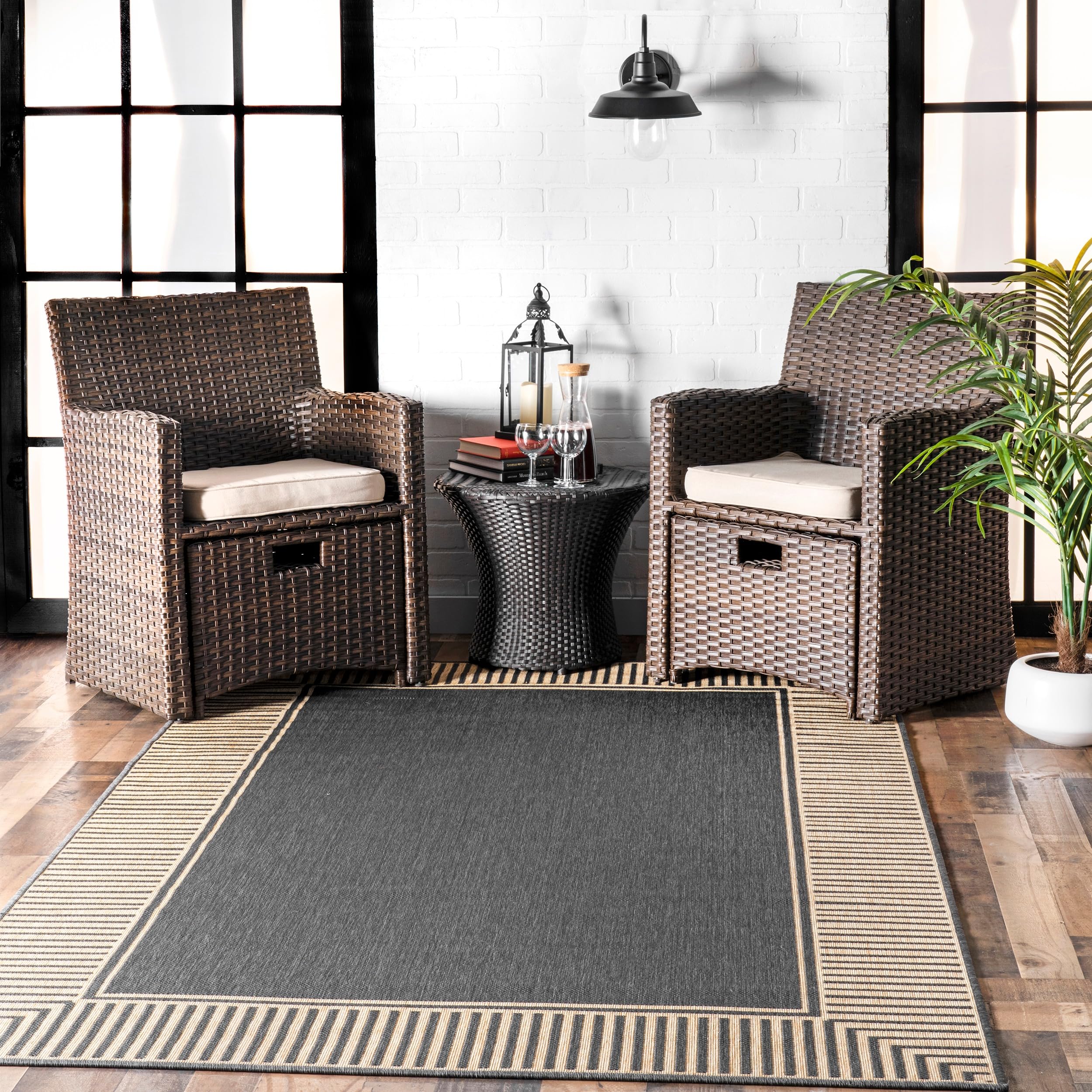 Nuloom Asha Light Brown/Ivory, 8' x 10', Casual, Striped Border, Soft and Cozy, High Traffic, Easy Clean, Durable Area Rug for Indoor/Outdoor Patio, Deck, Porch, Garden, Courtyard