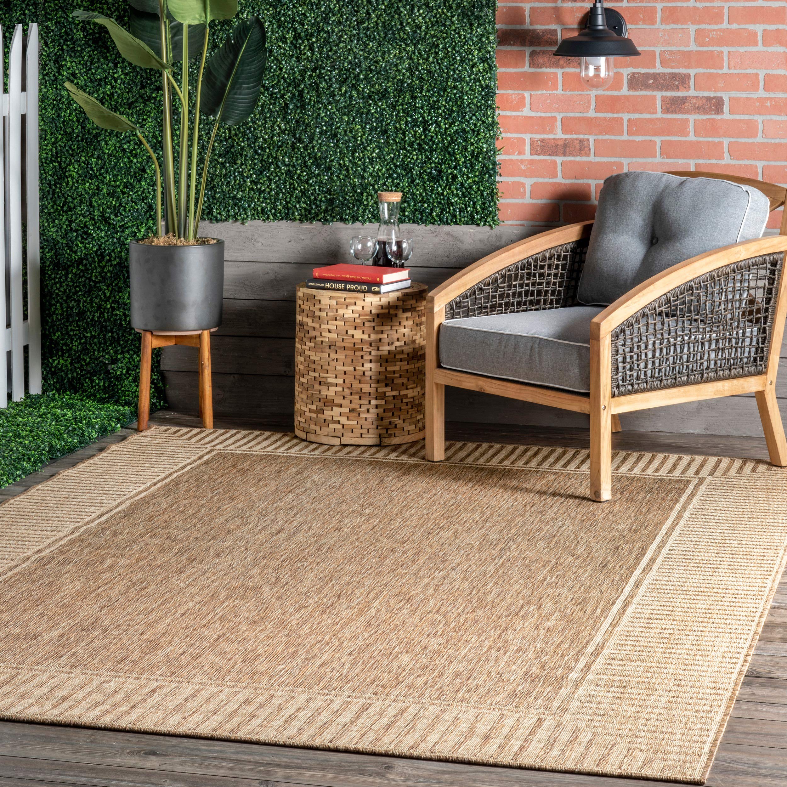 Nuloom Asha Light Brown/Ivory, 8' x 10', Casual, Striped Border, Soft and Cozy, High Traffic, Easy Clean, Durable Area Rug for Indoor/Outdoor Patio, Deck, Porch, Garden, Courtyard