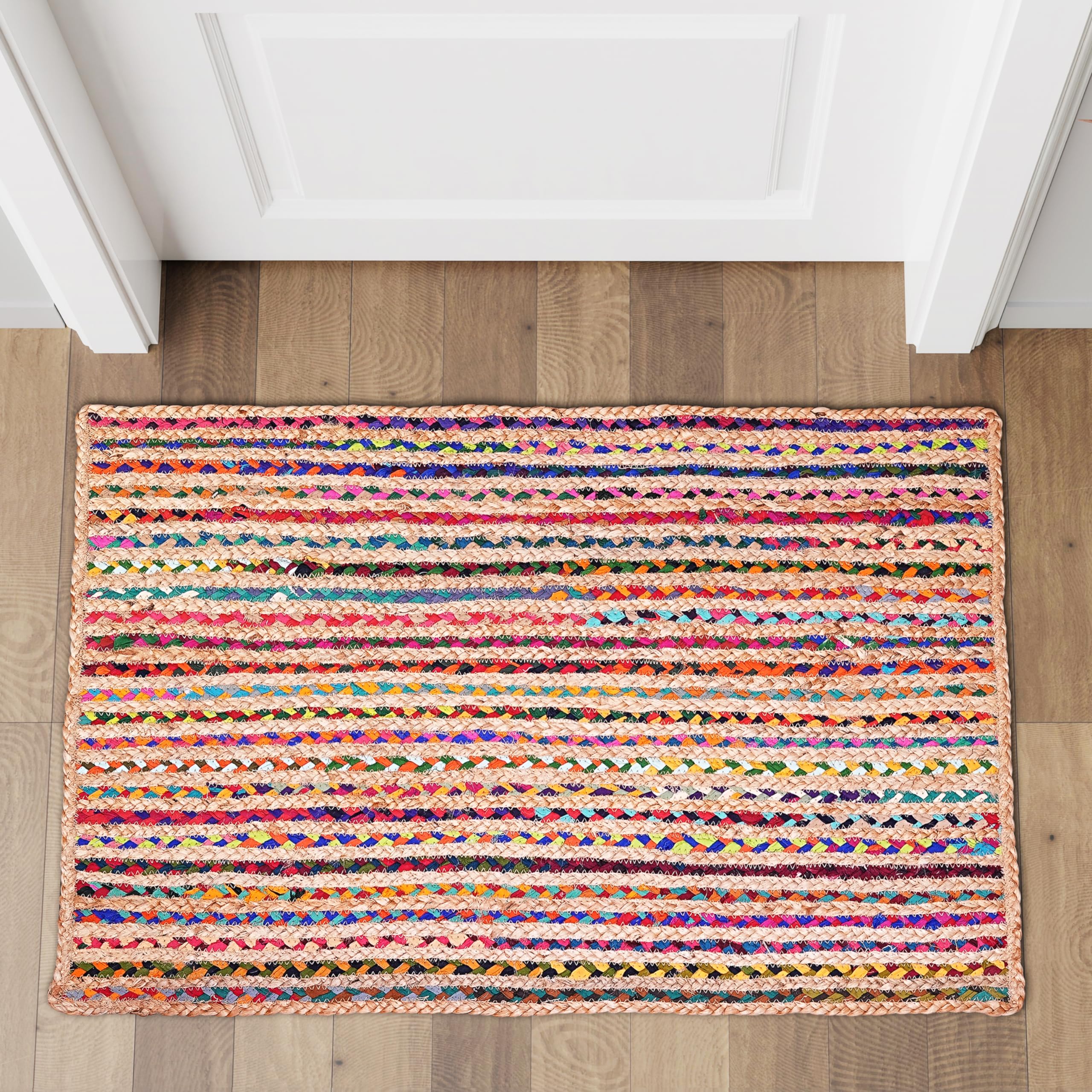 Hausattire Hand Woven Jute Braided Rug, 4’ Round – Natural, Reversible Boho Entry Area Rugs for Kitchen, Living Room I Farmhouse Decorative Floor Rug, 4 Feet Round