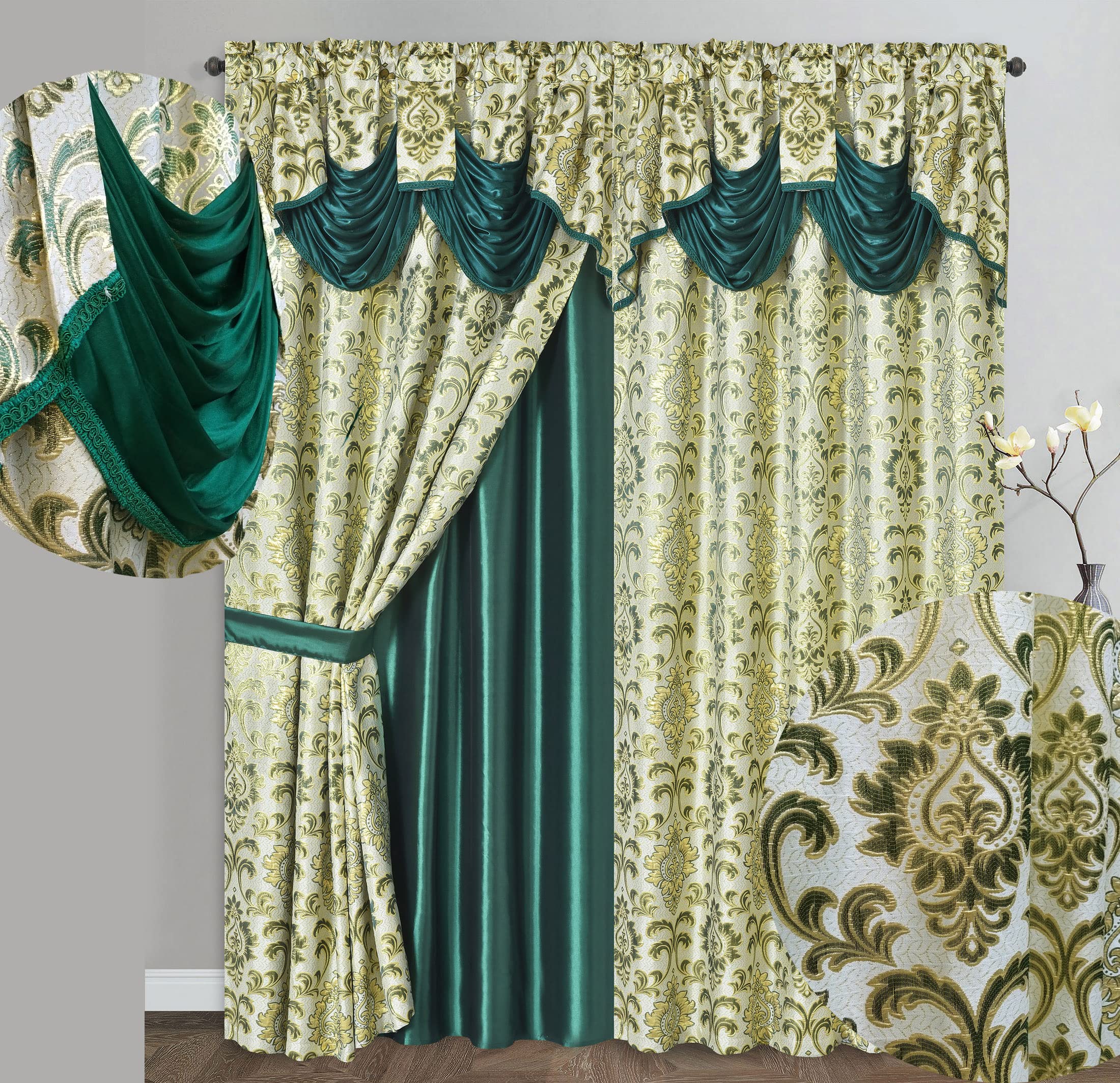 GOHD Samba Star. Jacquard Window Curtain Panel Drape with Attached Fancy Valance and Taffeta Backing. 2pcs Set. Each pc 54" Wide x 90" Drop with 18" Valance. (Sand)