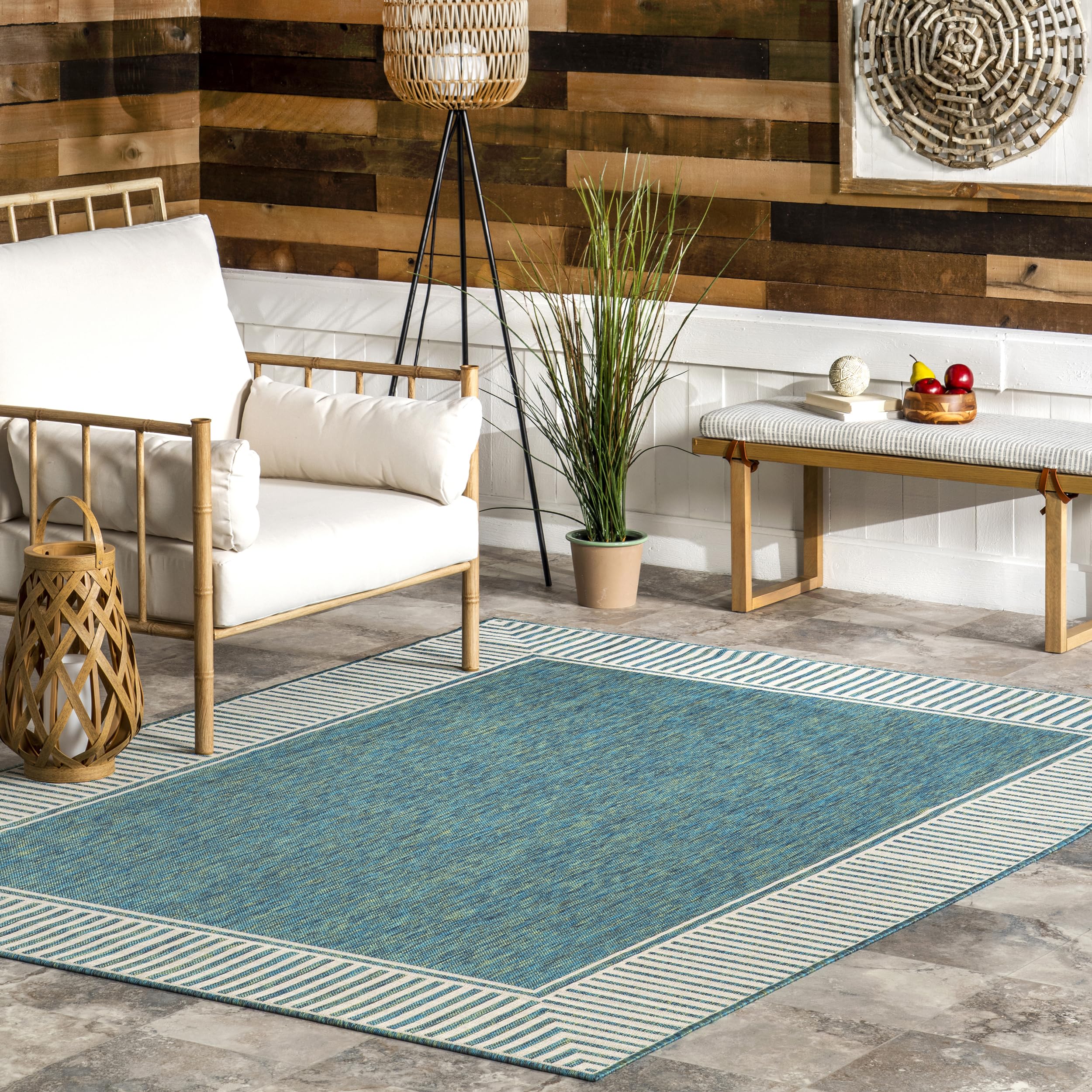 Nuloom Asha Light Brown/Ivory, 8' x 10', Casual, Striped Border, Soft and Cozy, High Traffic, Easy Clean, Durable Area Rug for Indoor/Outdoor Patio, Deck, Porch, Garden, Courtyard