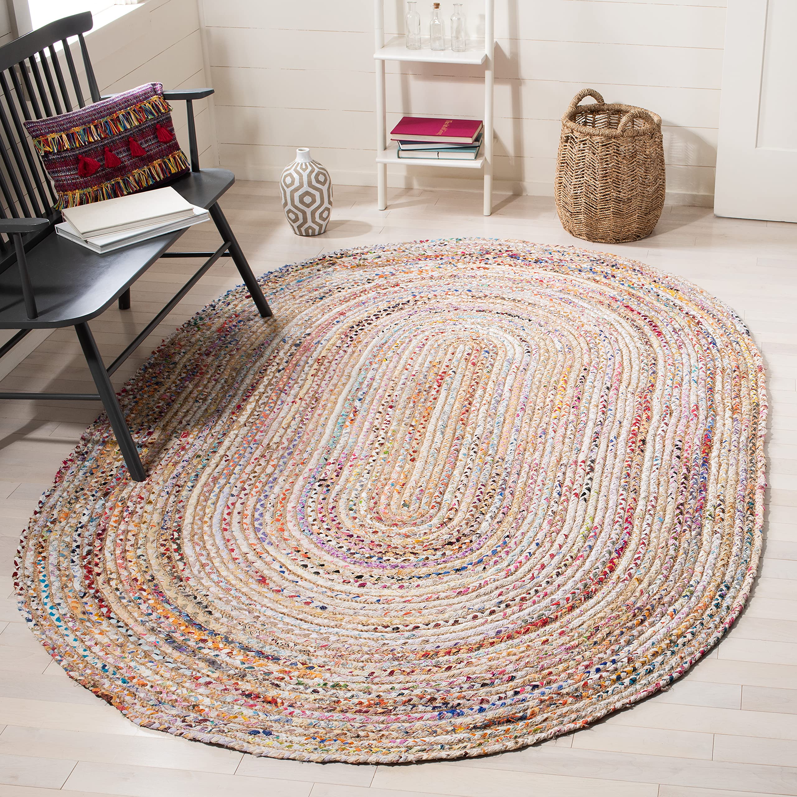 SAFAVIEH Area Rug 4x6 - Cape Cod Collection - Beige & Multi, Handmade Jute & Cotton, Woven Braided Design (CAP202B)