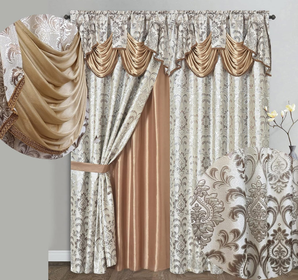 GOHD Samba Star. Jacquard Window Curtain Panel Drape with Attached Fancy Valance and Taffeta Backing. 2pcs Set. Each pc 54" Wide x 90" Drop with 18" Valance. (Sand)