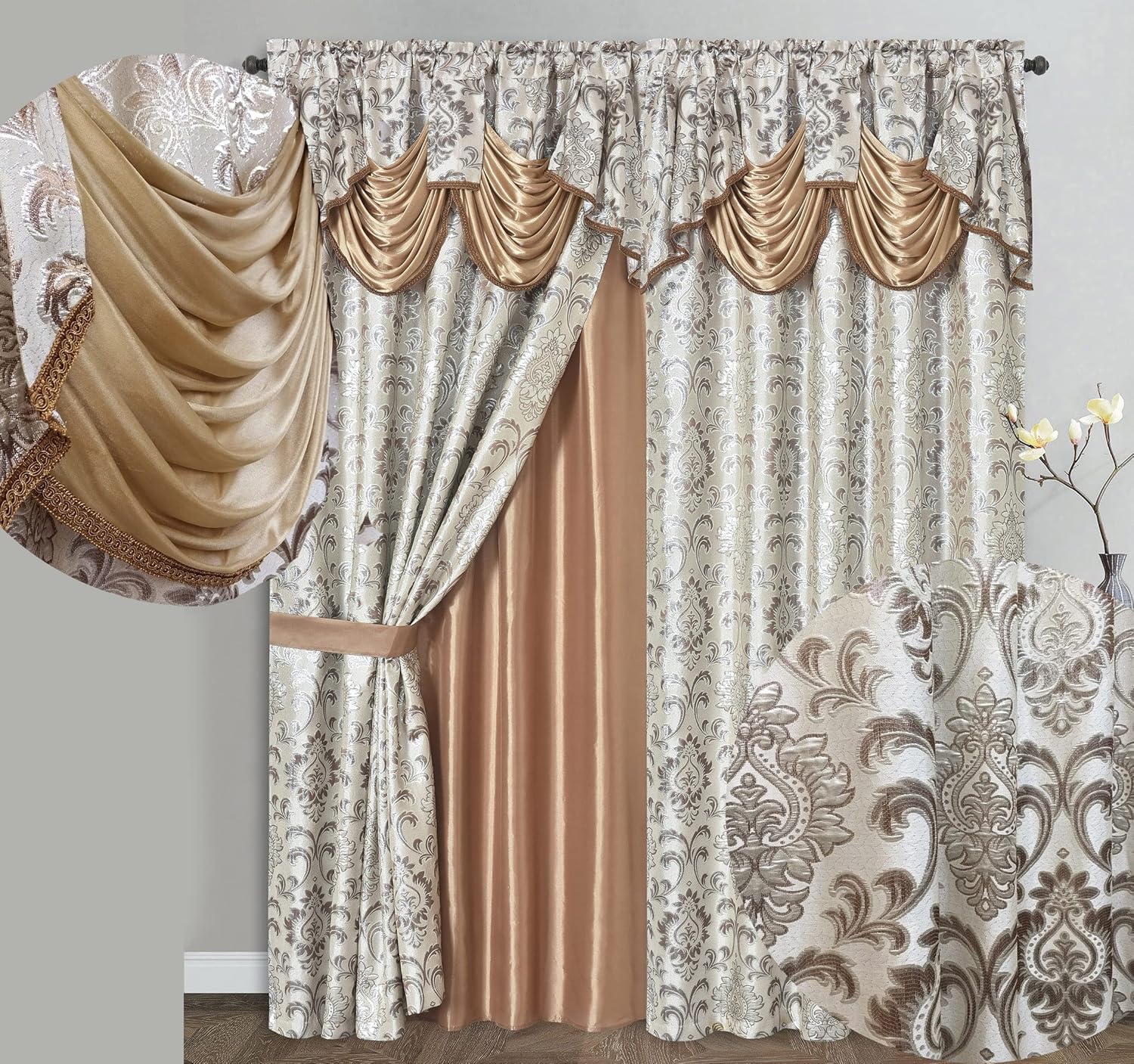 GOHD Samba Star. Jacquard Window Curtain Panel Drape with Attached Fancy Valance and Taffeta Backing. 2pcs Set. Each pc 54" Wide x 90" Drop with 18" Valance. (Sand)