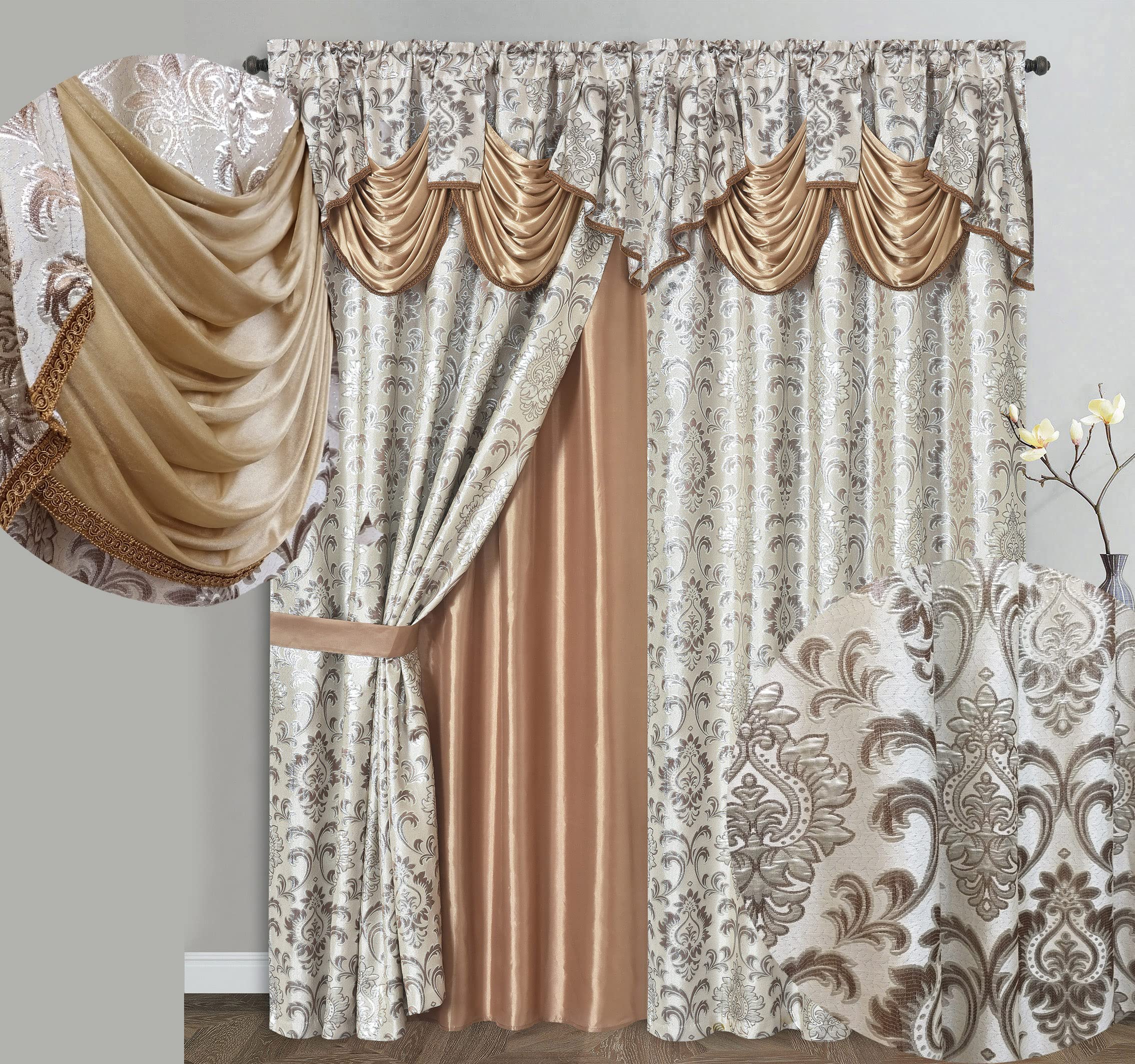 GOHD Samba Star. Jacquard Window Curtain Panel Drape with Attached Fancy Valance and Taffeta Backing. 2pcs Set. Each pc 54" Wide x 90" Drop with 18" Valance. (Sand)