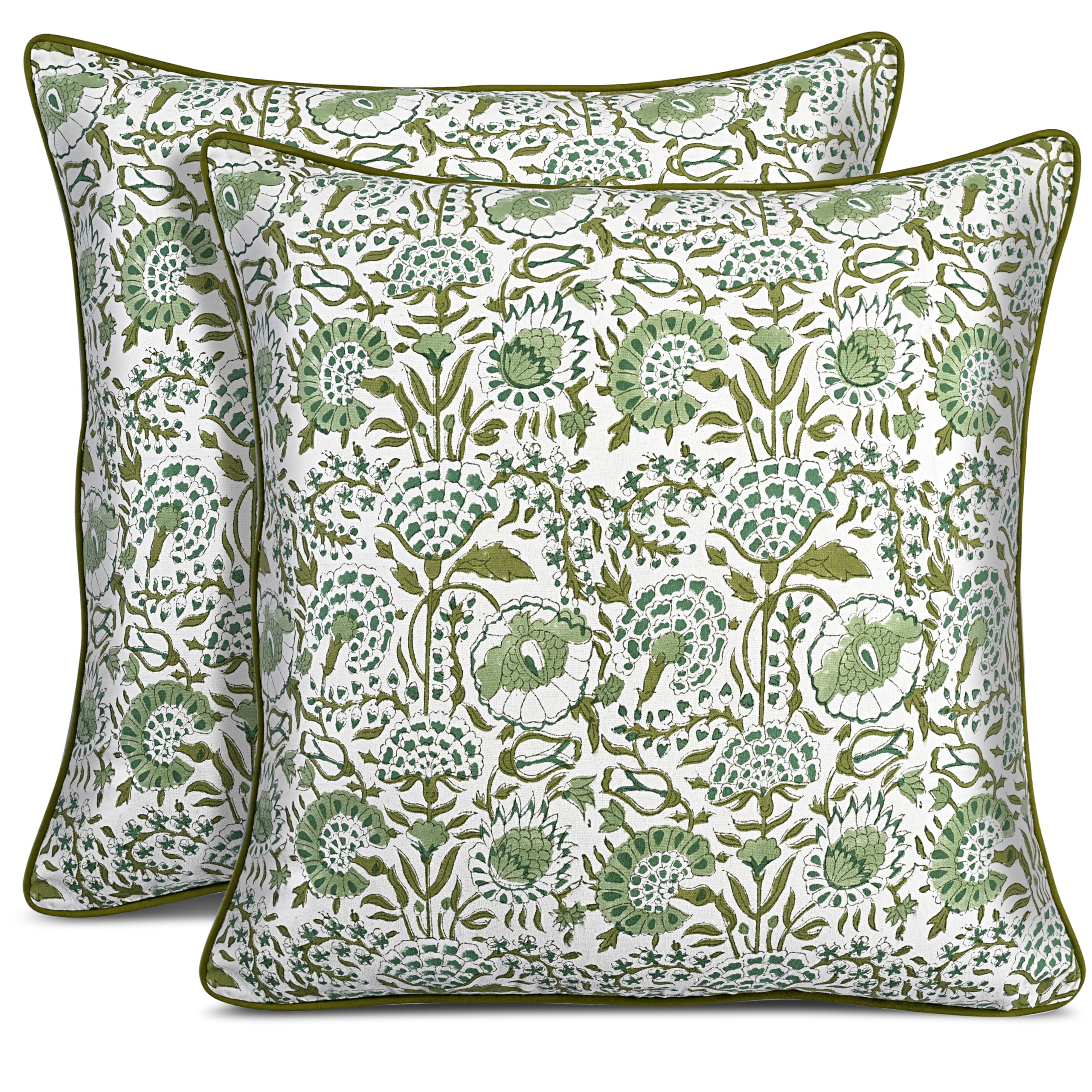 CPC 100% Cotton Throw Pillow Covers 24x24 Inch, Set of 2 Green Block Print Pattern Couch Pillow, Cute Boho Decorative Pillows for Living Room, Bedroom with Hidden Zipper- Emerald Green