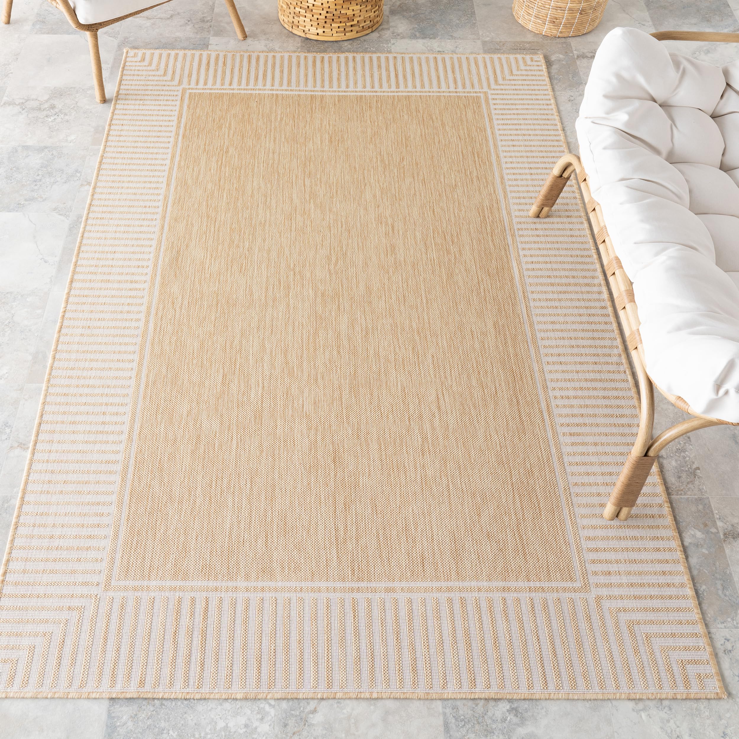 Nuloom Asha Light Brown/Ivory, 8' x 10', Casual, Striped Border, Soft and Cozy, High Traffic, Easy Clean, Durable Area Rug for Indoor/Outdoor Patio, Deck, Porch, Garden, Courtyard