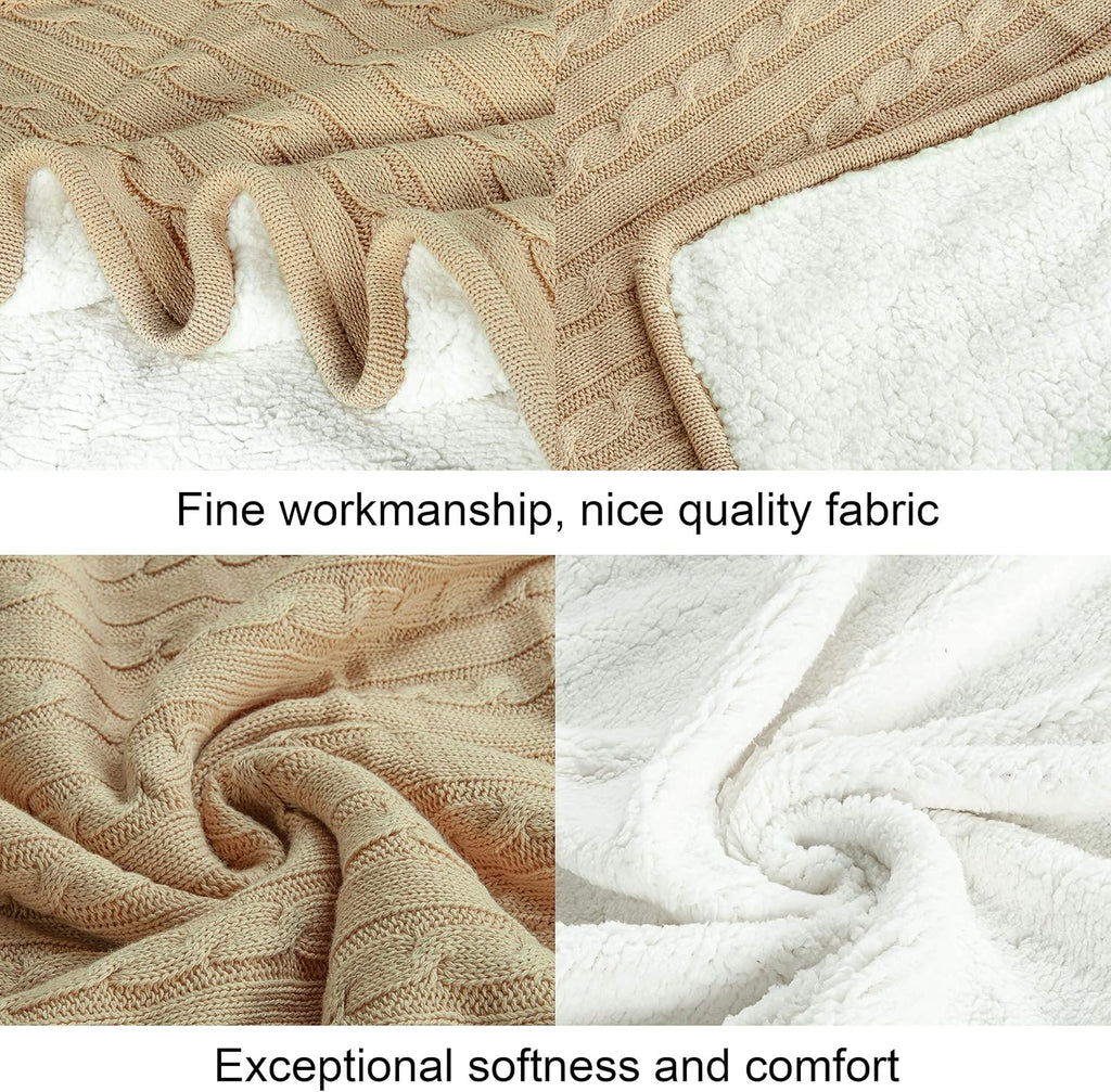 NTBAY Cotton Cable Knit Sherpa Throw Blanket for Couch (51"x67"), Soft Warm Fleece Knitted Throw for Bed, Sofa, Chair - Extra Cozy, Machine Washable, Comfortable Home Decor, Khaki