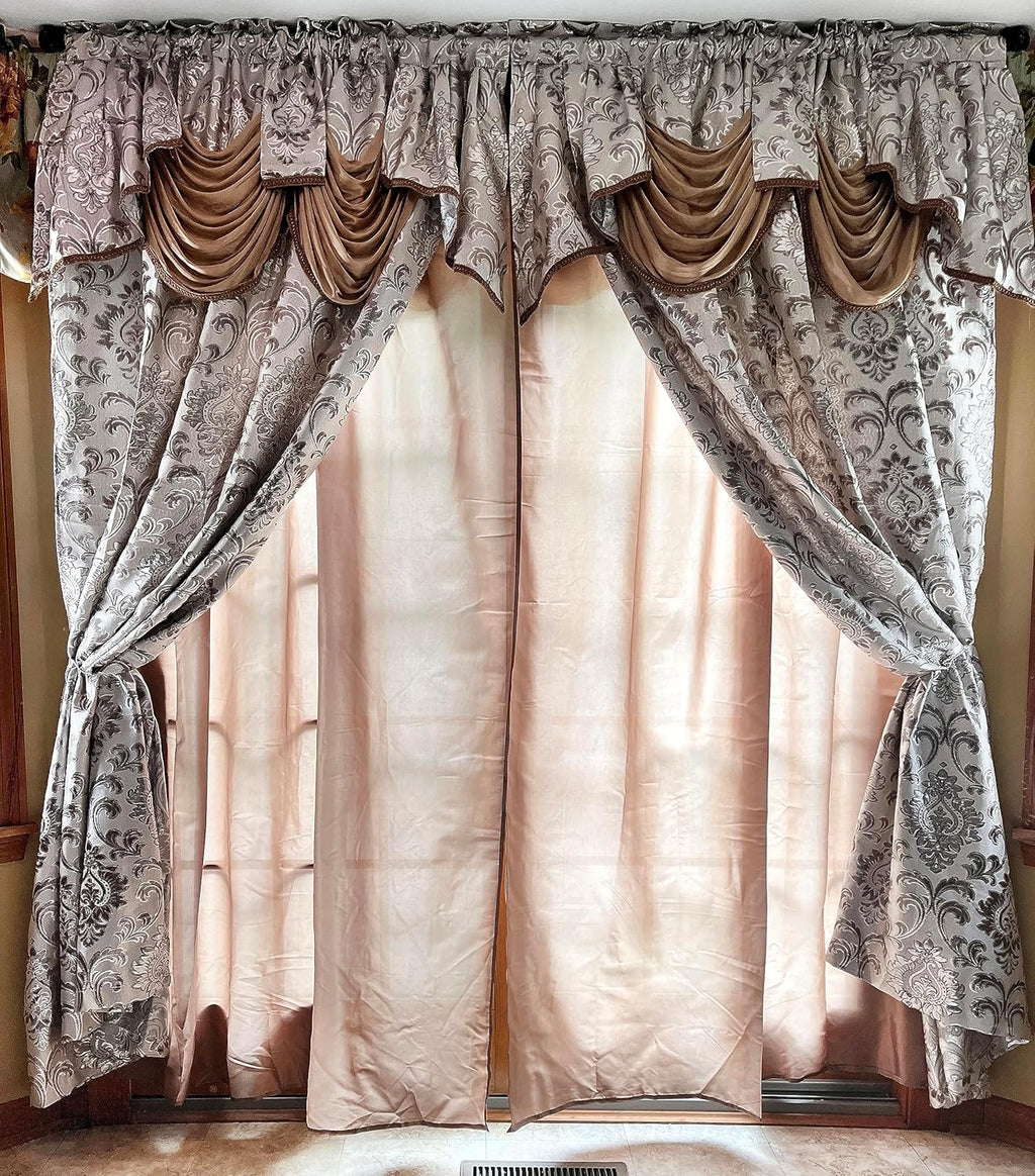 GOHD Samba Star. Jacquard Window Curtain Panel Drape with Attached Fancy Valance and Taffeta Backing. 2pcs Set. Each pc 54" Wide x 90" Drop with 18" Valance. (Sand)