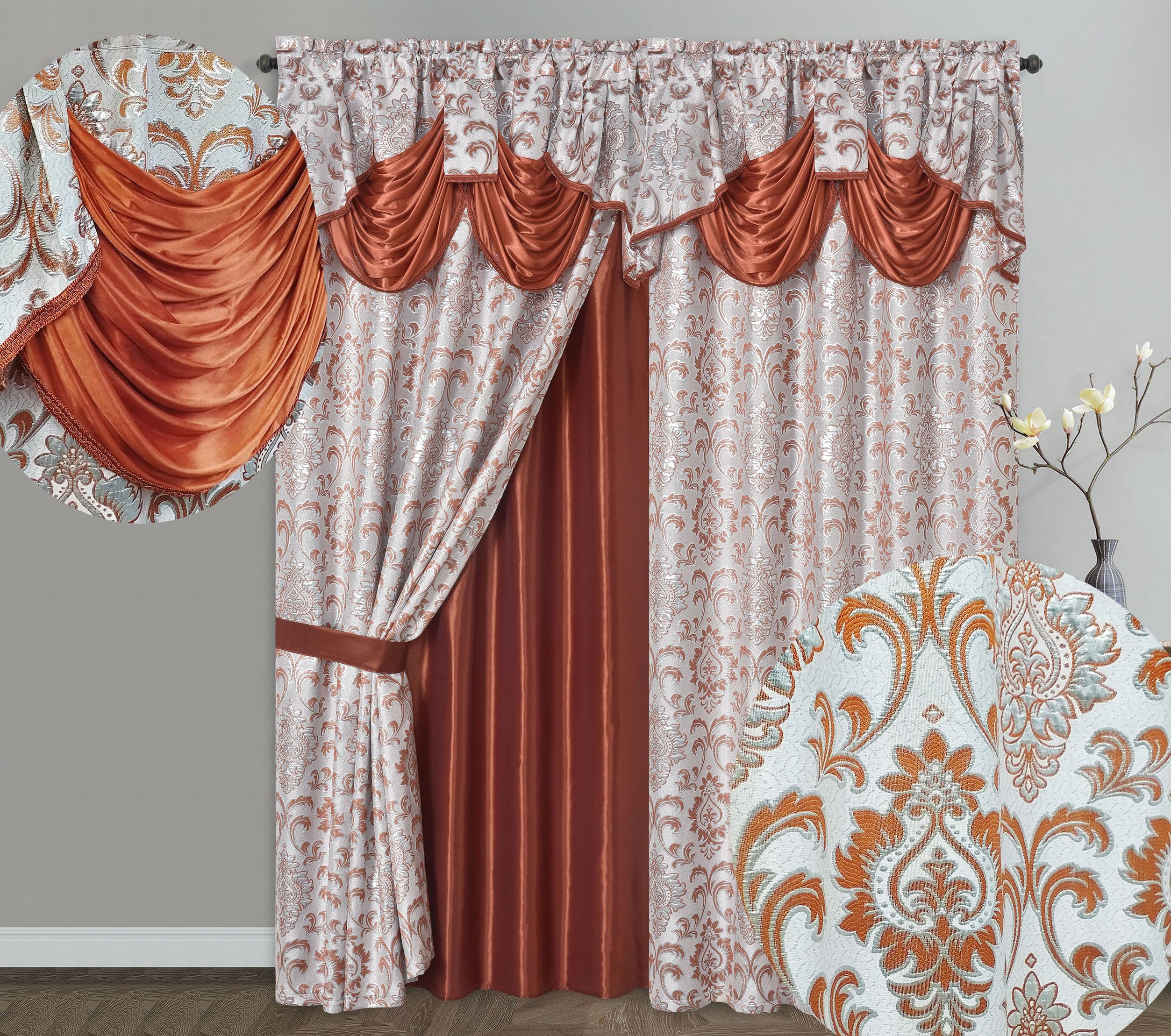 GOHD Samba Star. Jacquard Window Curtain Panel Drape with Attached Fancy Valance and Taffeta Backing. 2pcs Set. Each pc 54" Wide x 90" Drop with 18" Valance. (Sand)