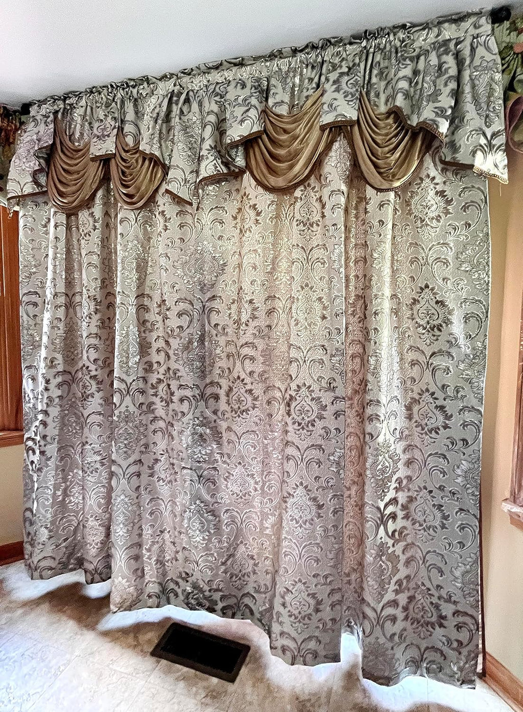 GOHD Samba Star. Jacquard Window Curtain Panel Drape with Attached Fancy Valance and Taffeta Backing. 2pcs Set. Each pc 54" Wide x 90" Drop with 18" Valance. (Sand)
