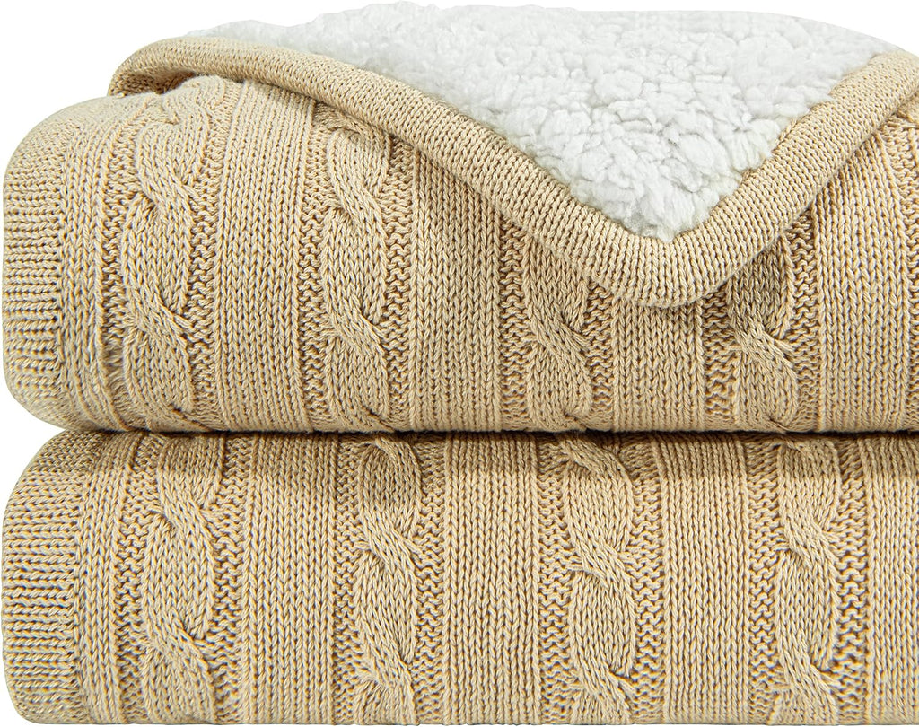 NTBAY Cotton Cable Knit Sherpa Throw Blanket for Couch (51"x67"), Soft Warm Fleece Knitted Throw for Bed, Sofa, Chair - Extra Cozy, Machine Washable, Comfortable Home Decor, Khaki