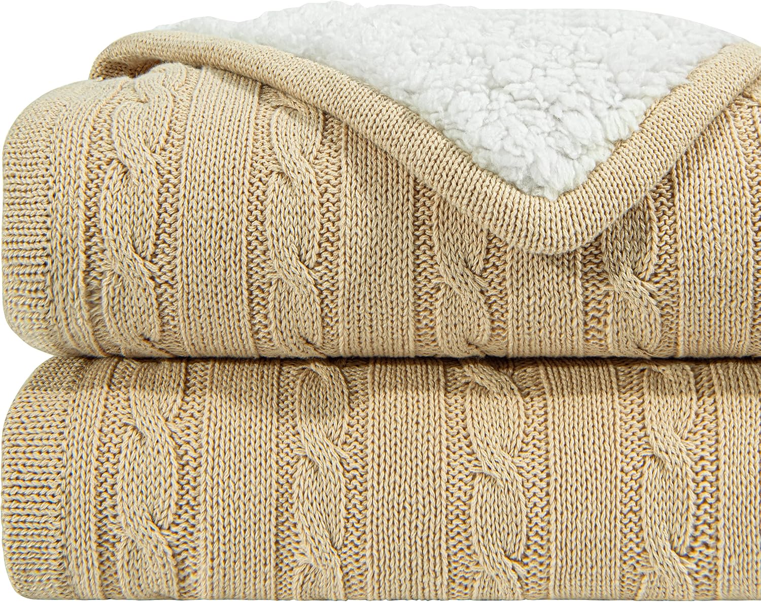 NTBAY Cotton Cable Knit Sherpa Throw Blanket for Couch (51"x67"), Soft Warm Fleece Knitted Throw for Bed, Sofa, Chair - Extra Cozy, Machine Washable, Comfortable Home Decor, Khaki