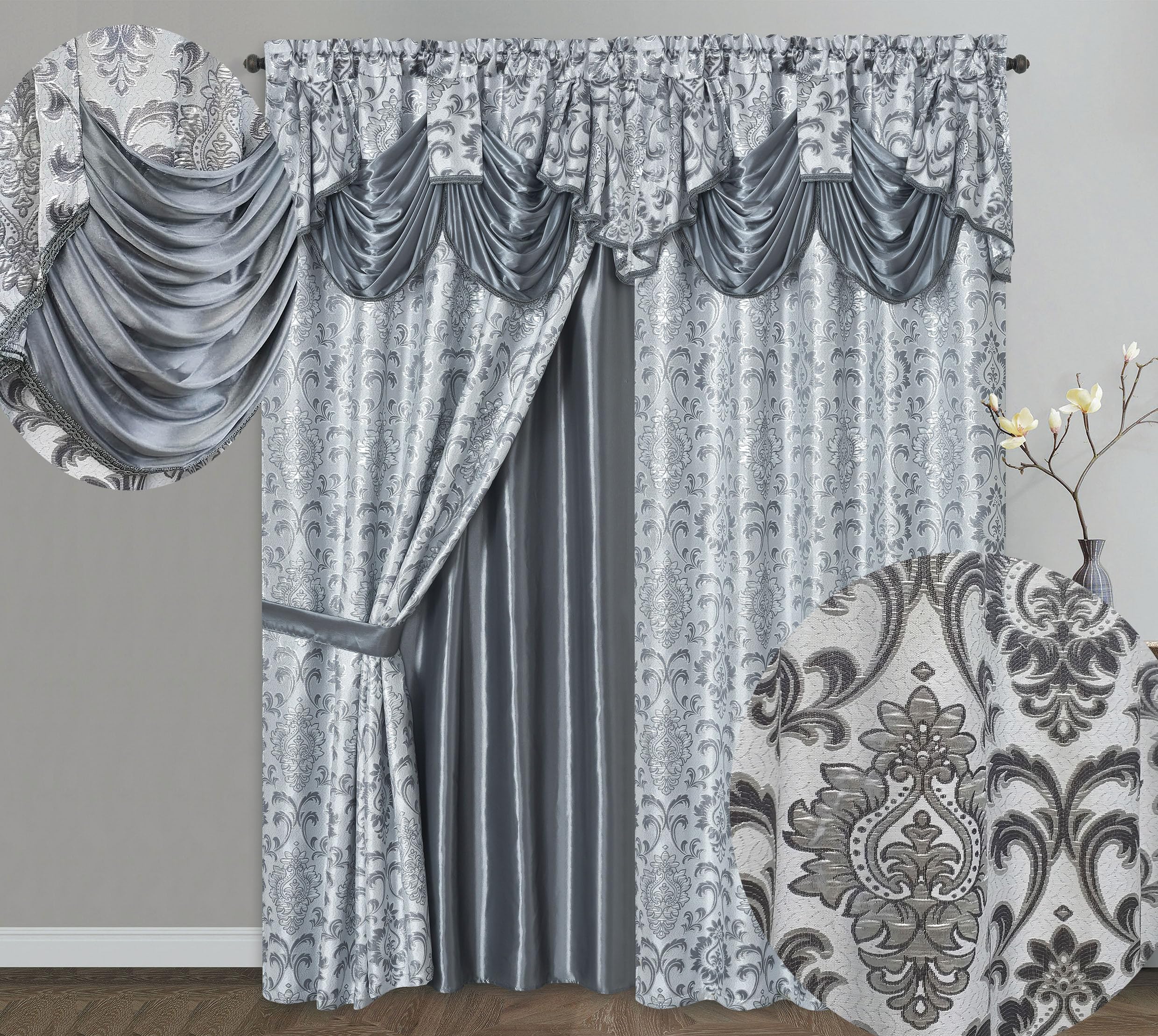 GOHD Samba Star. Jacquard Window Curtain Panel Drape with Attached Fancy Valance and Taffeta Backing. 2pcs Set. Each pc 54" Wide x 90" Drop with 18" Valance. (Sand)