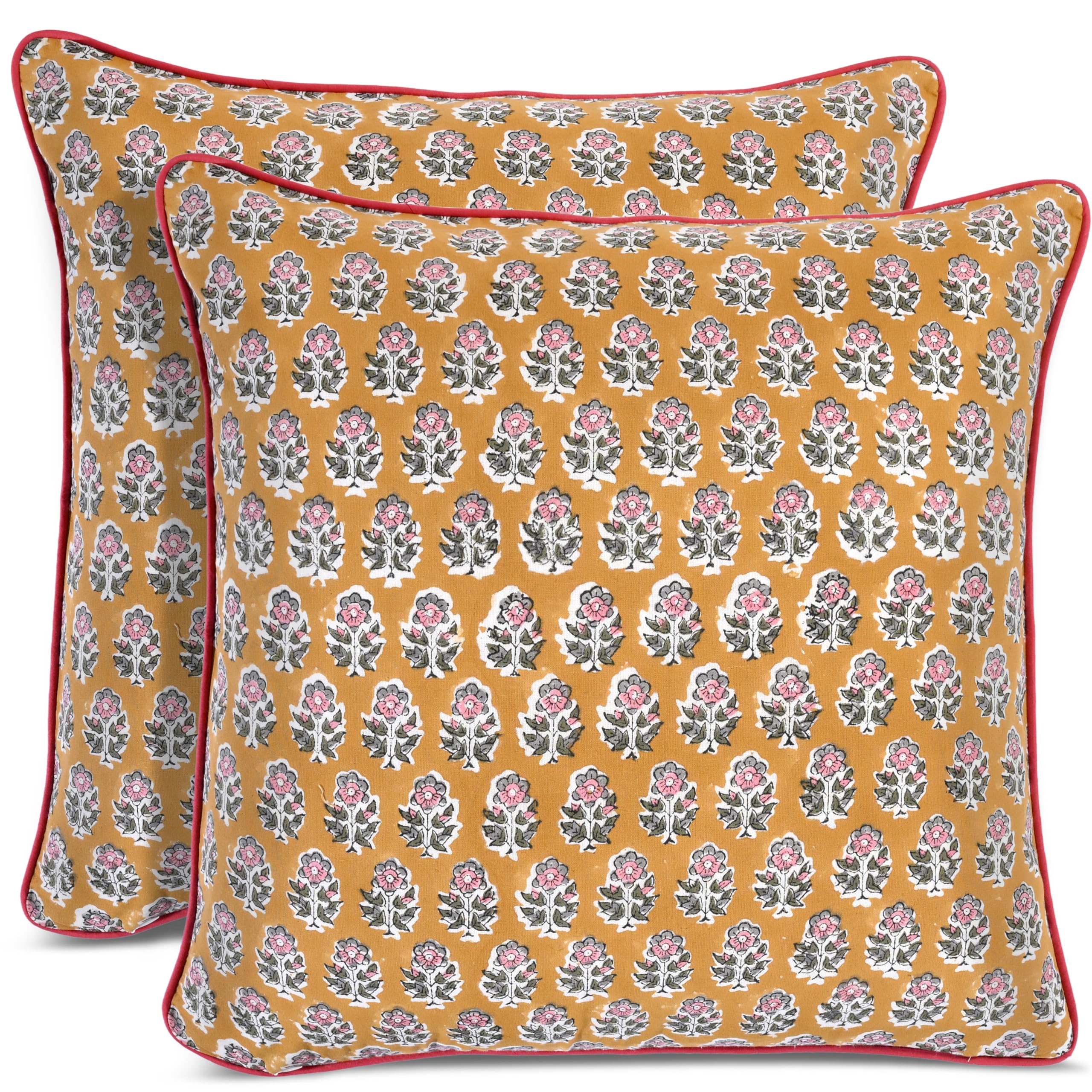 CPC 100% Cotton Throw Pillow Covers 24x24 Inch, Set of 2 Green Block Print Pattern Couch Pillow, Cute Boho Decorative Pillows for Living Room, Bedroom with Hidden Zipper- Emerald Green